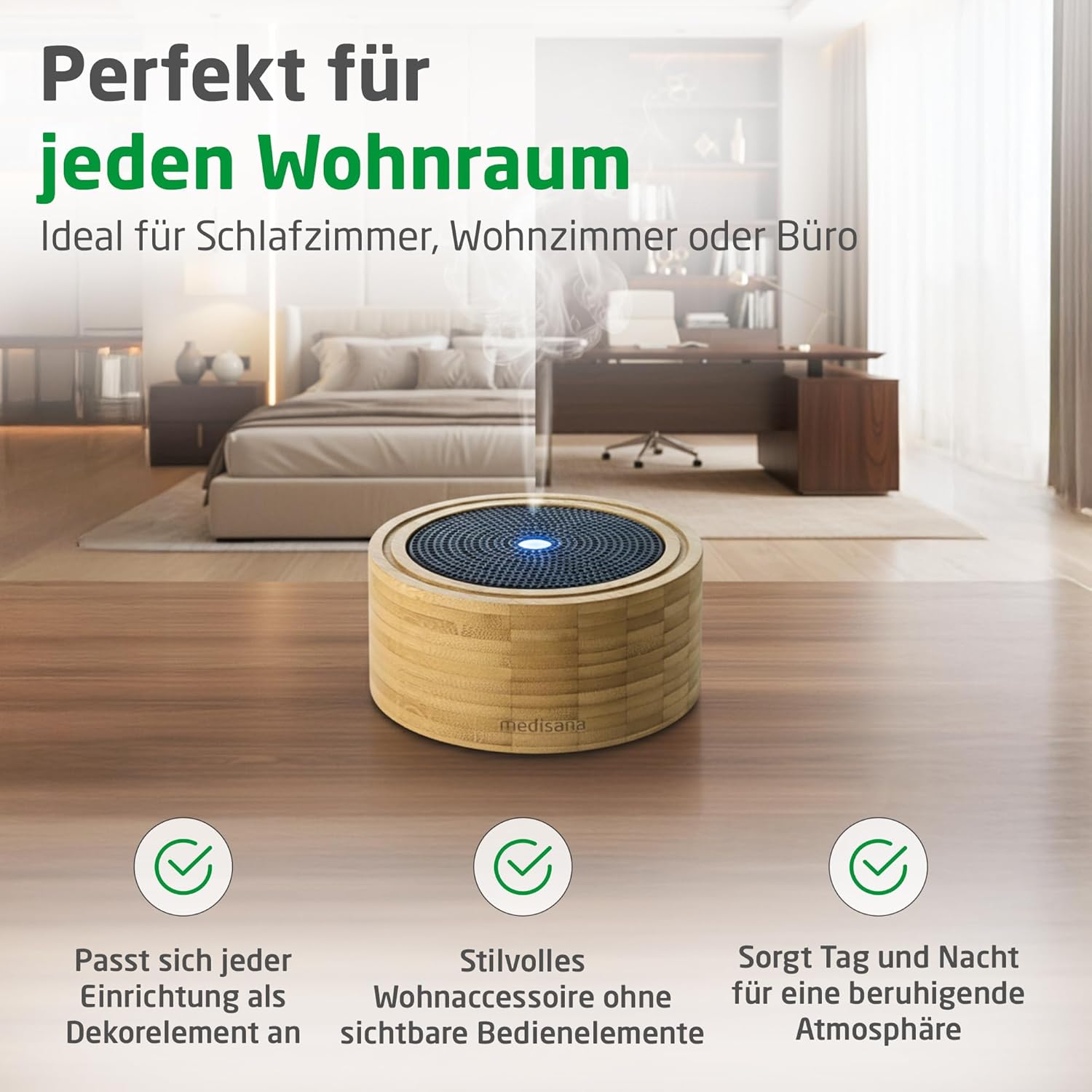 Medisana AD 625 Aroma-Diffusor aus Bambus, Holzzerstäuber mit Spa-Licht in 6 Farben, für ätherische Öle, Duftlampe mit Timer, 100 ml – Bild 5