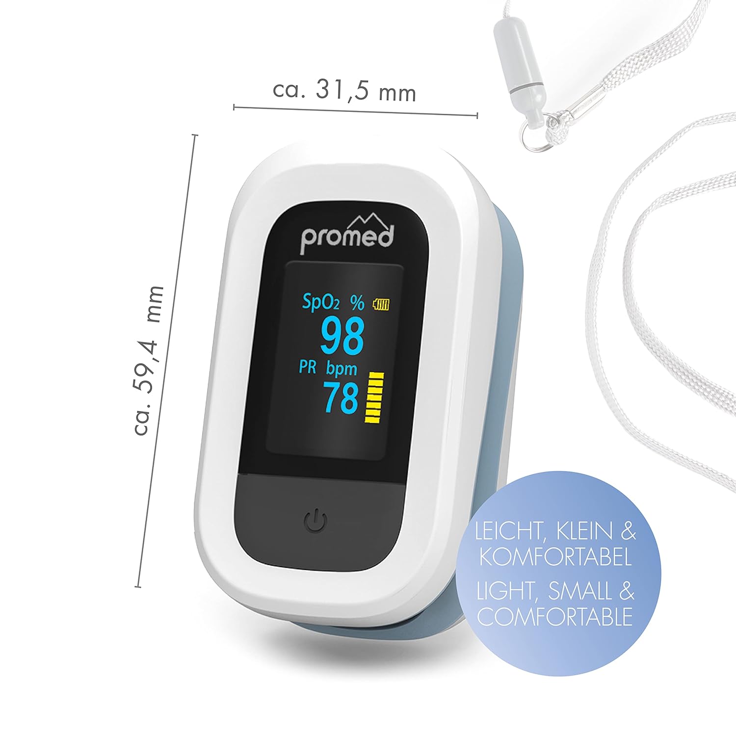 Promed Pulsoximeter PM-200 Pro, einfache Messung der Herzfrequenz & Sauerstoffsättigung im Blut, Fingerpulsoximeter mit OLED-Display und automatischer Abschaltung – Bild 5