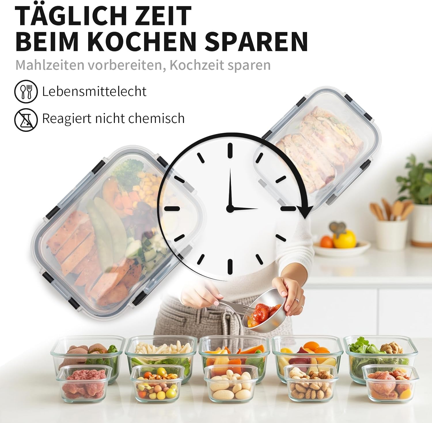 Frischhaltedosen-Set aus Glas, Meal-Prep-Boxen, Glasbehälter mit Deckel, Lebensmittelbehälter, Lunchbox, spülmaschinenfest, mikrowellen- und gefriergeeignet, auslaufsicher (5 x 1050 ml + 5 x 370 ml) – Bild 5