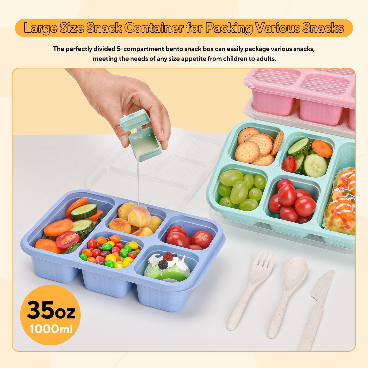 4 Stück Bento-Snackbox mit Fächern, 5 Fächer Lunchable Snack-Behälter, Bento-Lunchbox mit Fächern für Kinder und Erwachsene, Meal-Prep-Lunchbehälter für Schule, Arbeit und Reisen – Bild 3