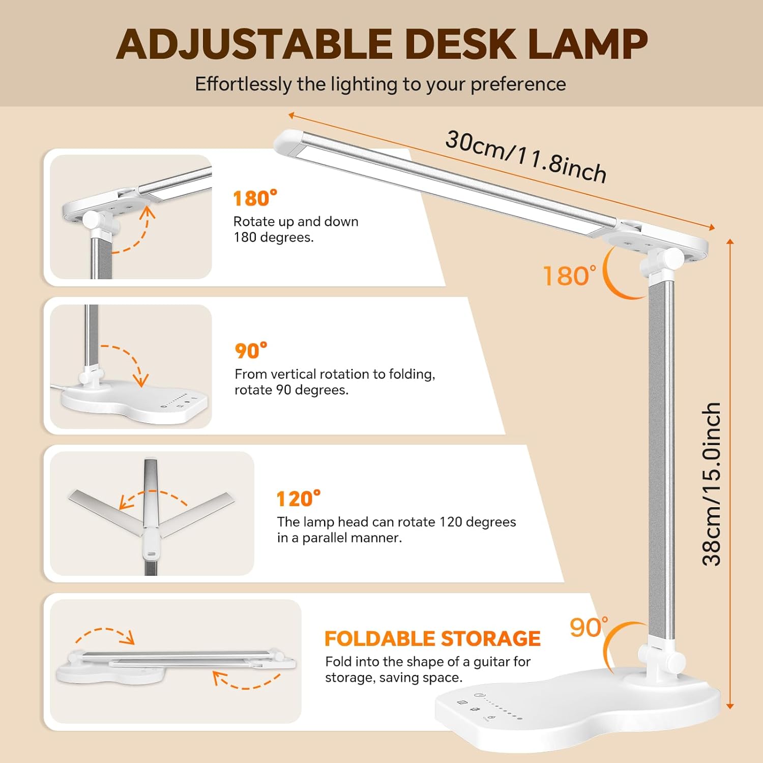 Caldarax Schreibtischlampe LED Dimmbar, Augenschutz Schreibtischlampe, 5 Farben und 10 Helligkeitsstufen, mit Timer und Touch-Steuerung, Tischlampe USB-Anschluss zum Lesen, Büro, Nachttisch, Arbeitszimmer (Weiß) – Bild 6