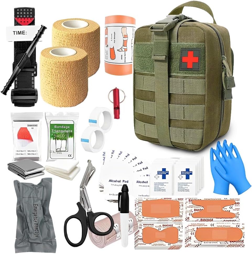 Erste-Hilfe-Set Outdoor Militär, 61 Teile Erste-Hilfe-Set Militär, Ifak gefüllt, Notfallset, Survival-Set für Outdoor-Camping, Jagd, Wandern, Zuhause, Auto, Klettern (Militärgrün)