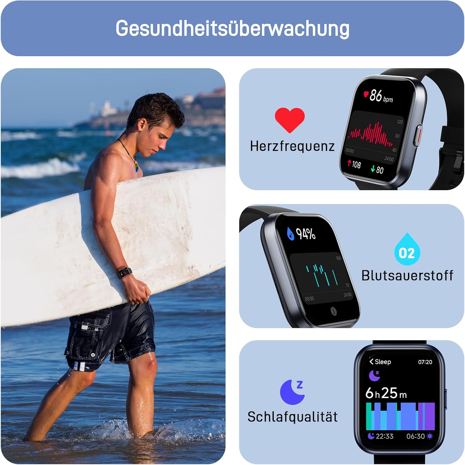 Tensky Smartwatch Herren Damen, 1,85'' Fitnessuhr 3ATM wasserdicht, integrierte Alexa, Herzfrequenz SpO2 Schlafmonitor 110+ Sportmodi Fitness Tracker kompatibel mit iPhone/Samsung/Android – Bild 4