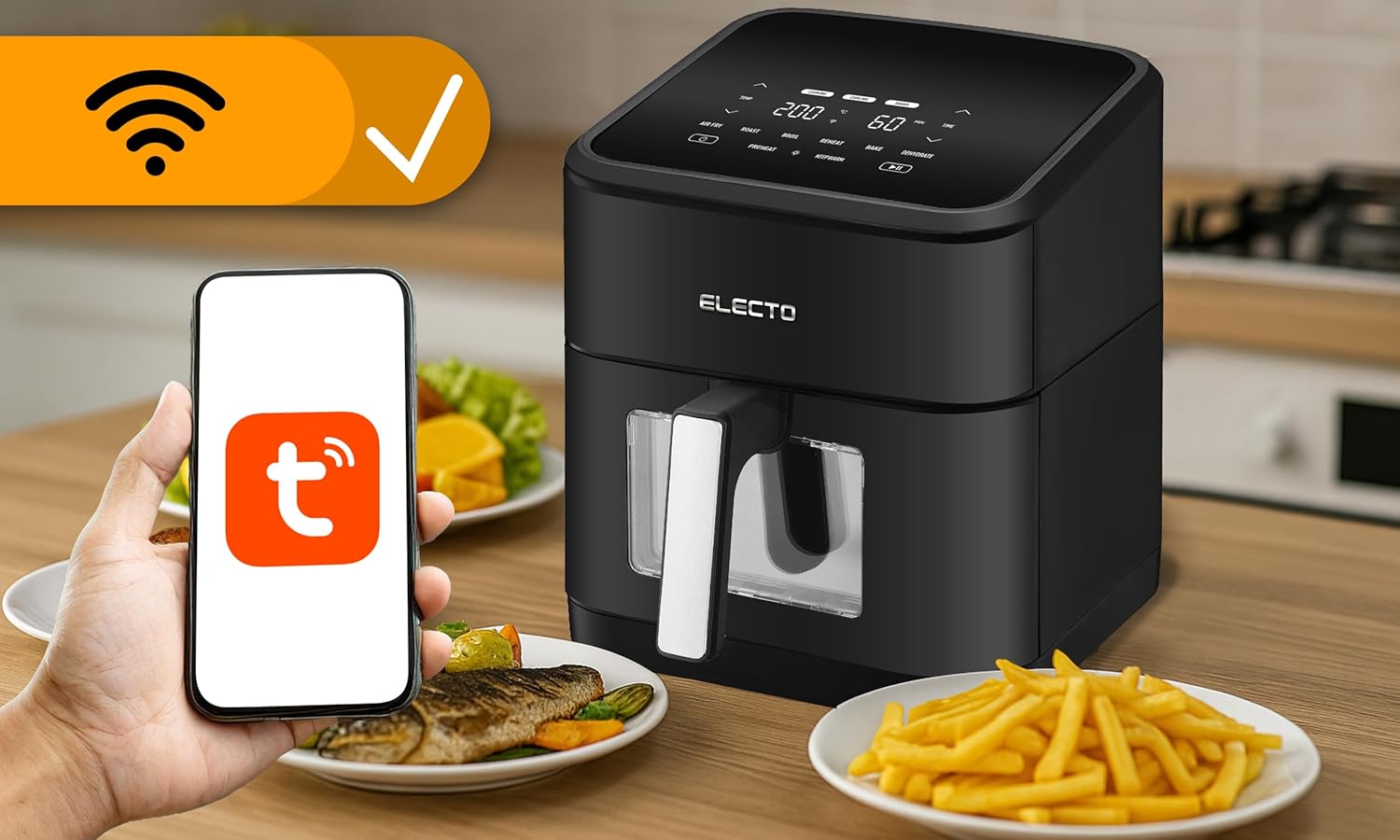 ELECTO – Heißluftfritteuse 8L Smart 2000W – App-Steuerung über WLAN – 8 Automatikprogramme – Antihaftbeschichtung – Gesunde fettfreie Zubereitung mit Rapid Air-Technologie – Schwarz – Bild 4