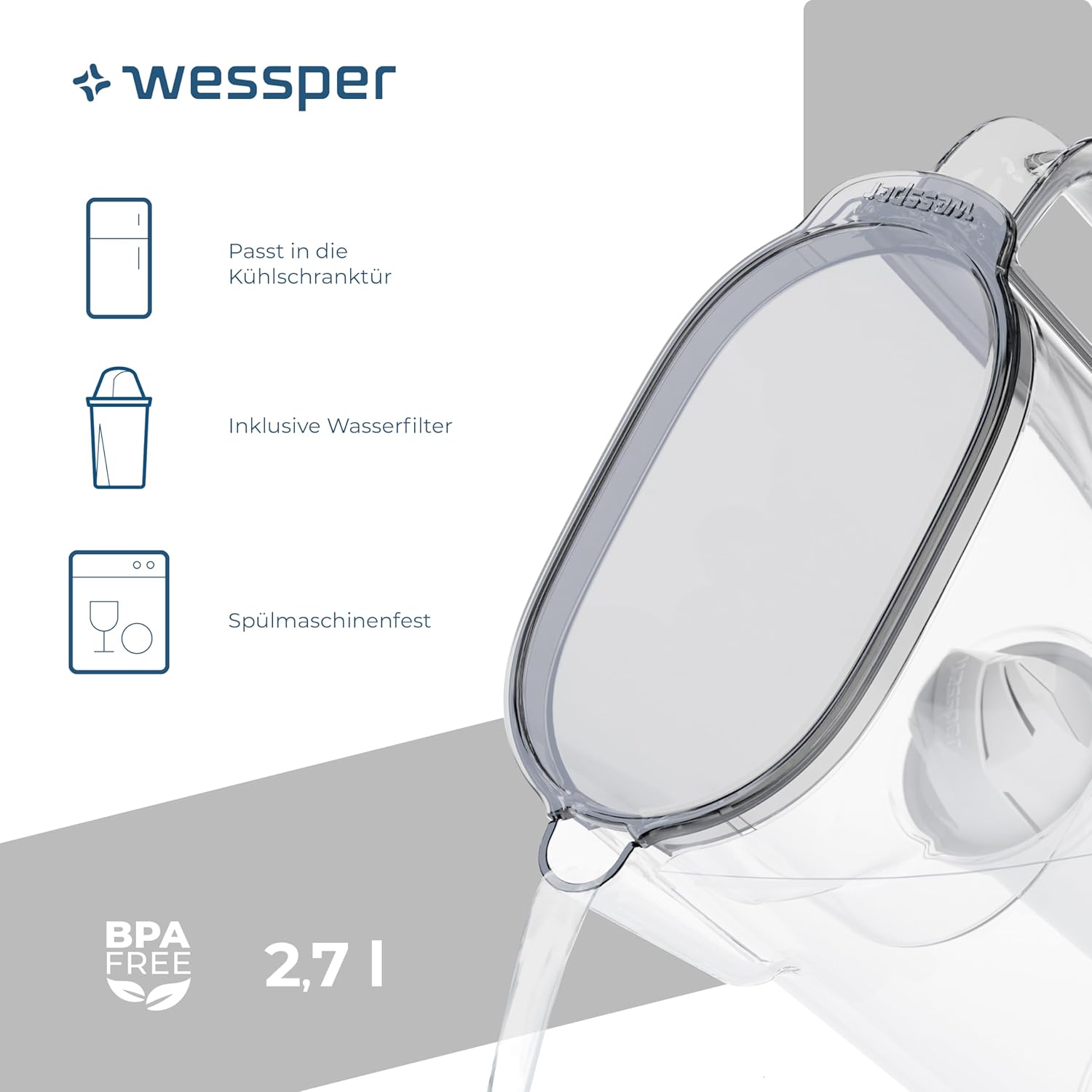 Wessper Wasserfilterkanne mit Filterkartusche 2,7 Liter, passt durch die Kühlschranktür, BPA-frei, Wasserkaraffe mit Filter, kompatibel mit Brita Classic Filtern, Schwarz – Bild 2