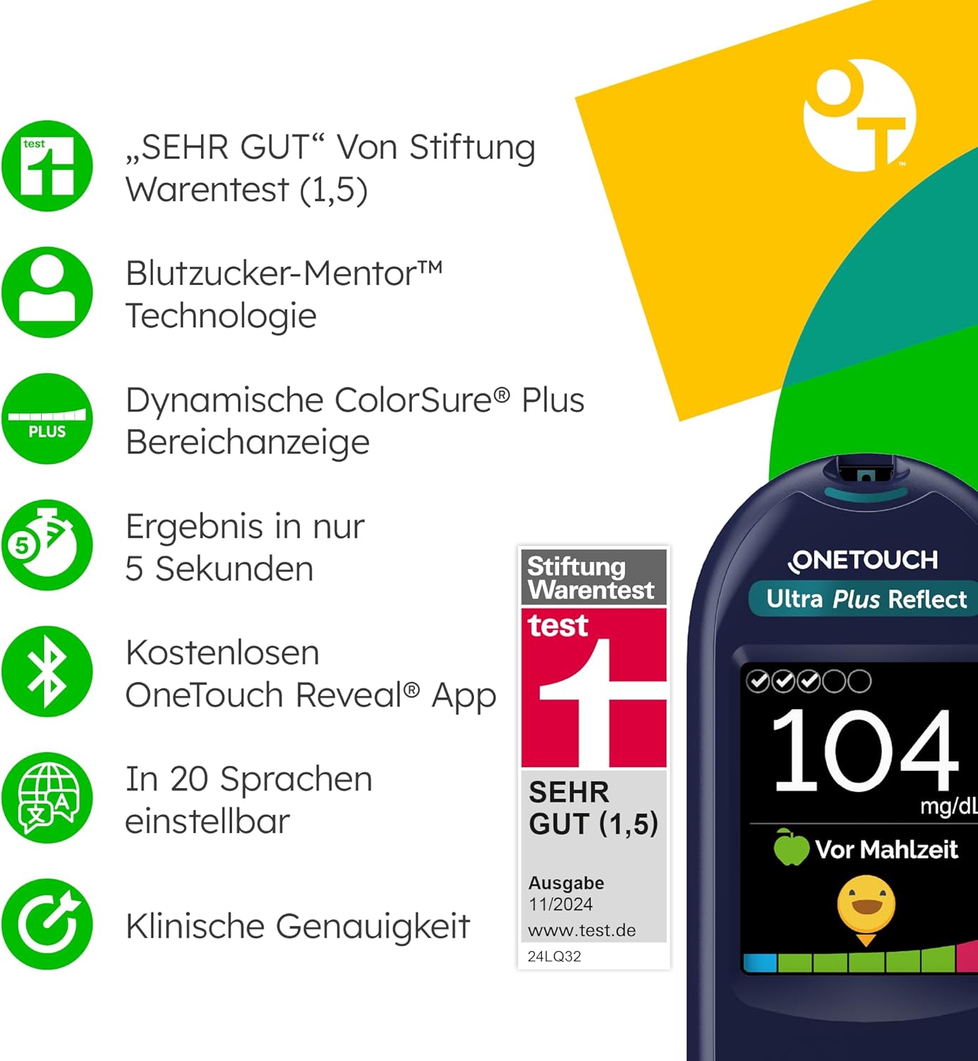 OneTouch Ultra Plus Reflect Blutzuckermessgerät-Set – Starter-Set Diabetes mg/dL – inklusive 40 Teststreifen & 40 Lanzetten – präzise Messung, einfache Handhabung – Stiftung Warentest SEHR GUT (1,5) – Bild 2