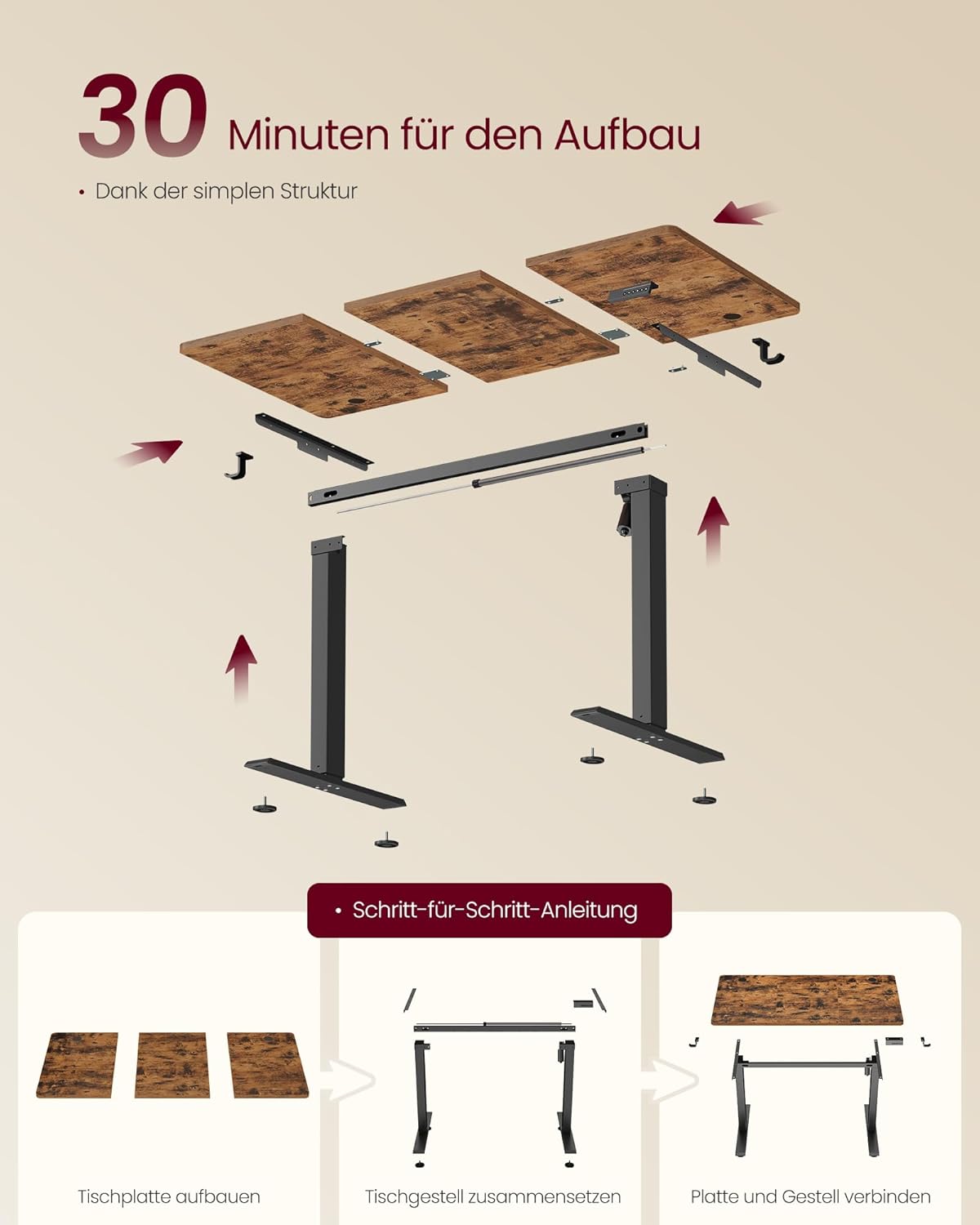 VASAGLE LSD312KD03 Höhenverstellbarer Schreibtisch, Stehpult, Computertisch, Long-Sit-Memory-Funktion, 4-Höhen-Büroschreibtisch, 120 x 60 cm, Vintage-Braun – Bild 7