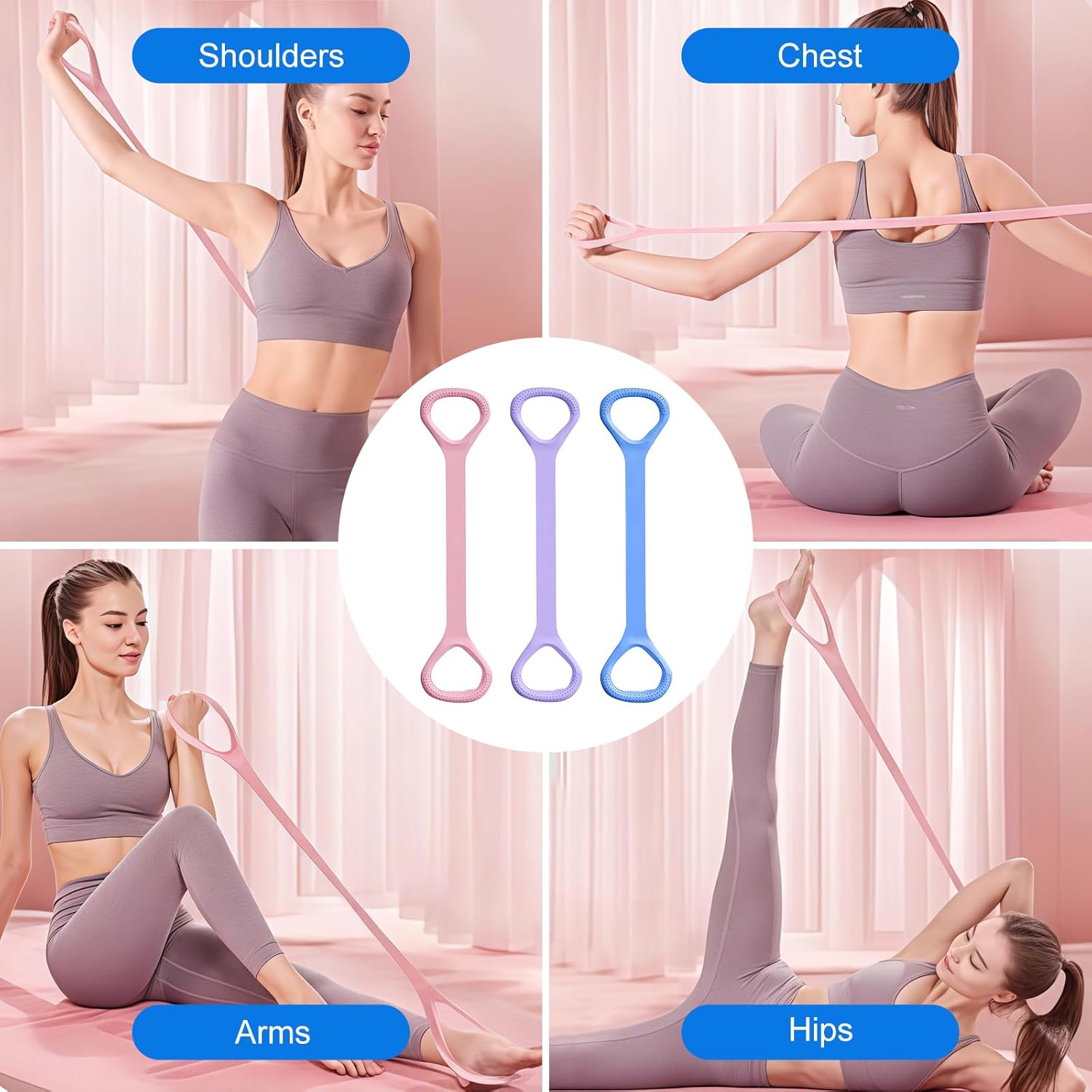 3 Stück Grip Elastic Zugseile, 45 cm Pilates Squat Chest Expander, Muskeltraining Extender, Figur 8 Widerstandsbänder, Übungsbänder Pilates Stretchbänder für Finesstraining Gymnastik Yoga Pilates – Bild 4
