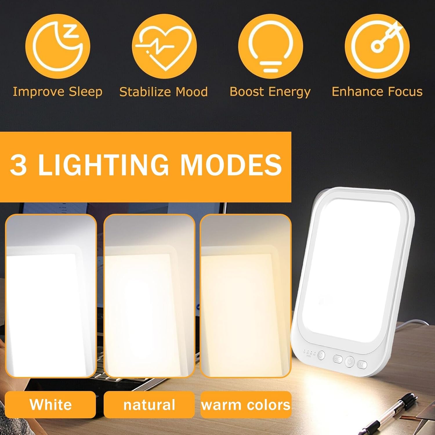 Sporgo Tageslichtlampe 10000 Lux: Lichttherapielampe Tageslicht mit einstellbarer Lichtfarben-Helligkeit, UV-freie Vollspektrumlampe mit 4 Timer-Einstellungen, LED-Sonnenlichtlampe mit Touch-Steuerung – Bild 3
