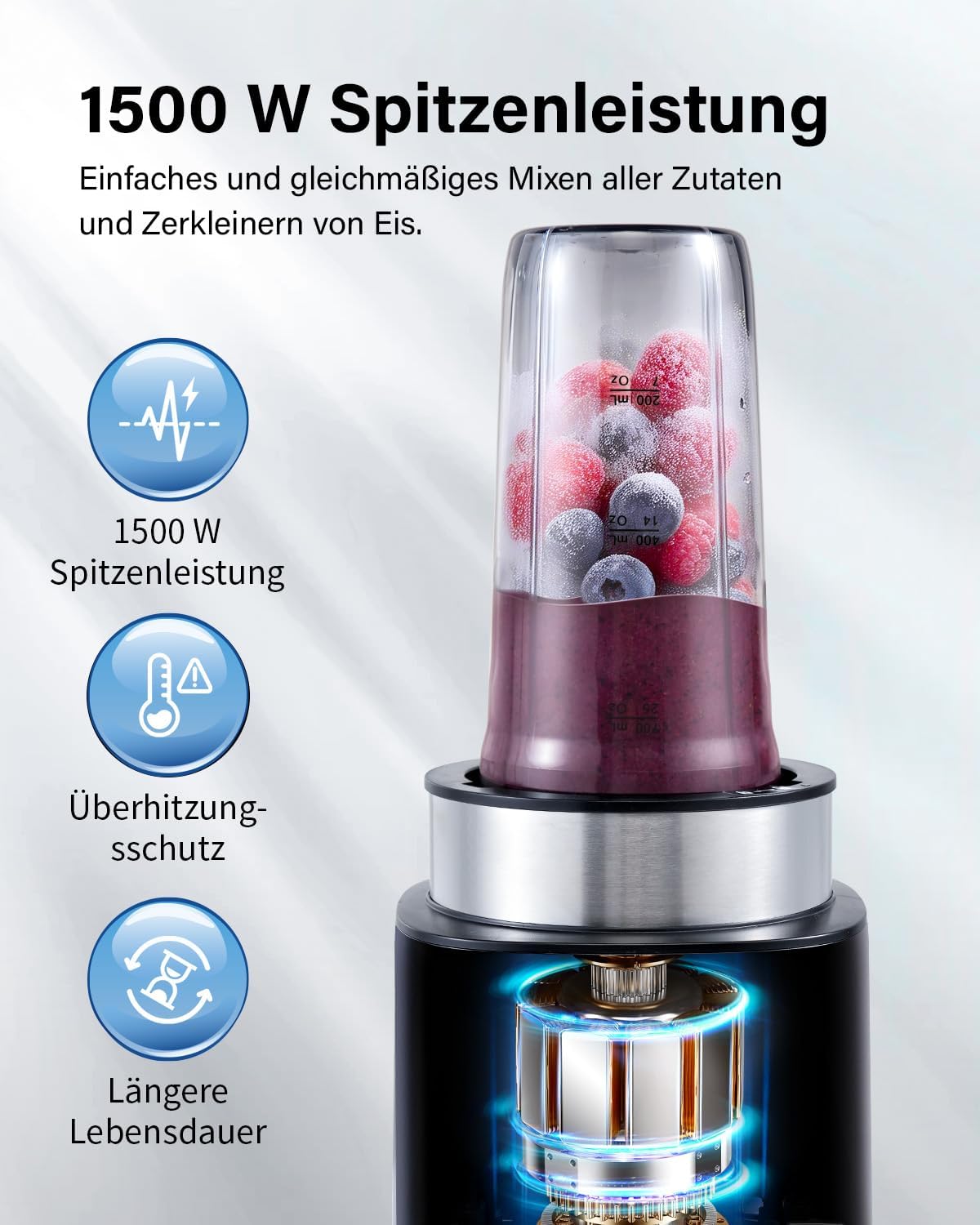 Standmixer, 1500 W, Eisknackmesser, 6 Klingen für Mixer, Smoothie-Maker mit 4 Programmen + Pulse-Funktion, 2 x 900 ml Flasche, für Smoothies, Milchshakes und Einfrieren von Obst – Bild 3