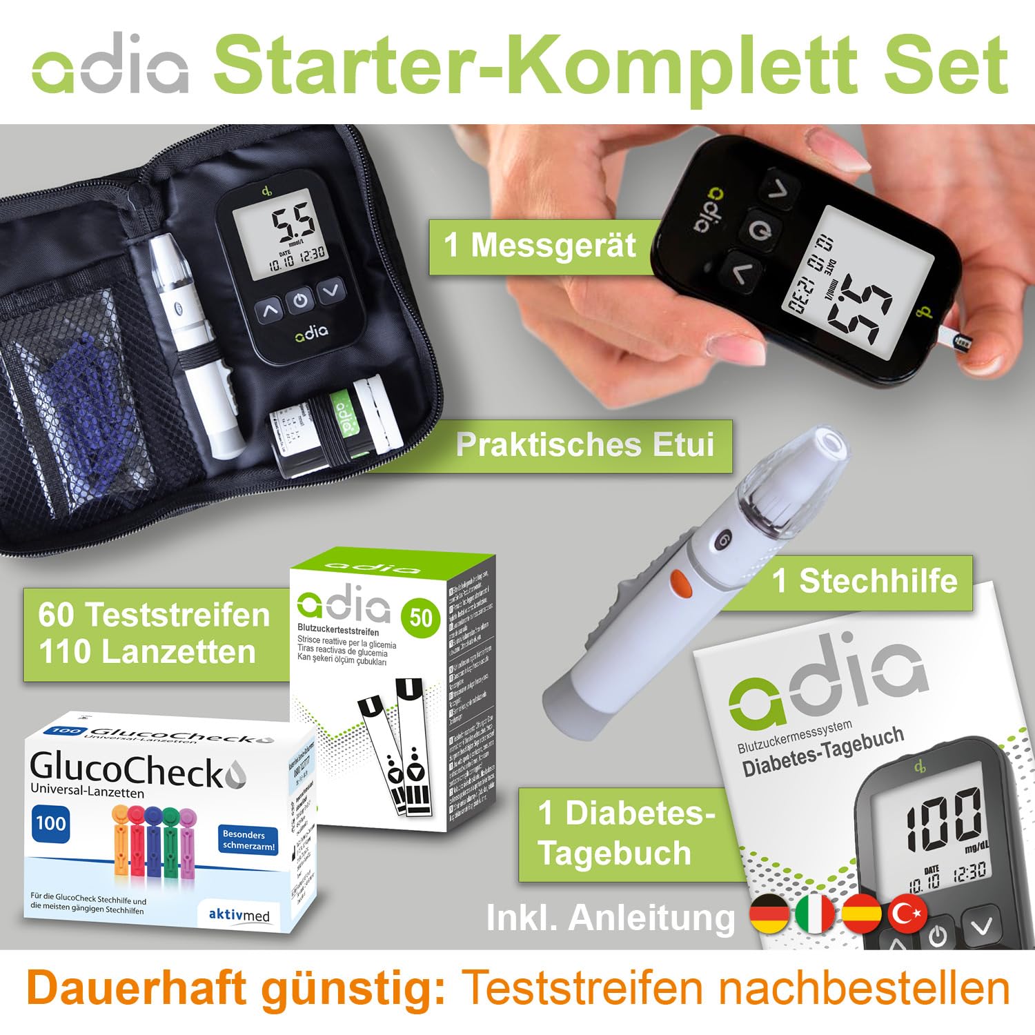 Komplettset adia Blutzuckermessgerät (mmol/L) + 60 Blutzucker-Teststreifen + 110 Lanzetten, 1 Stechhilfe, 1 Etui, zur Blutzucker-Selbstkontrolle zu Hause – Bild 2