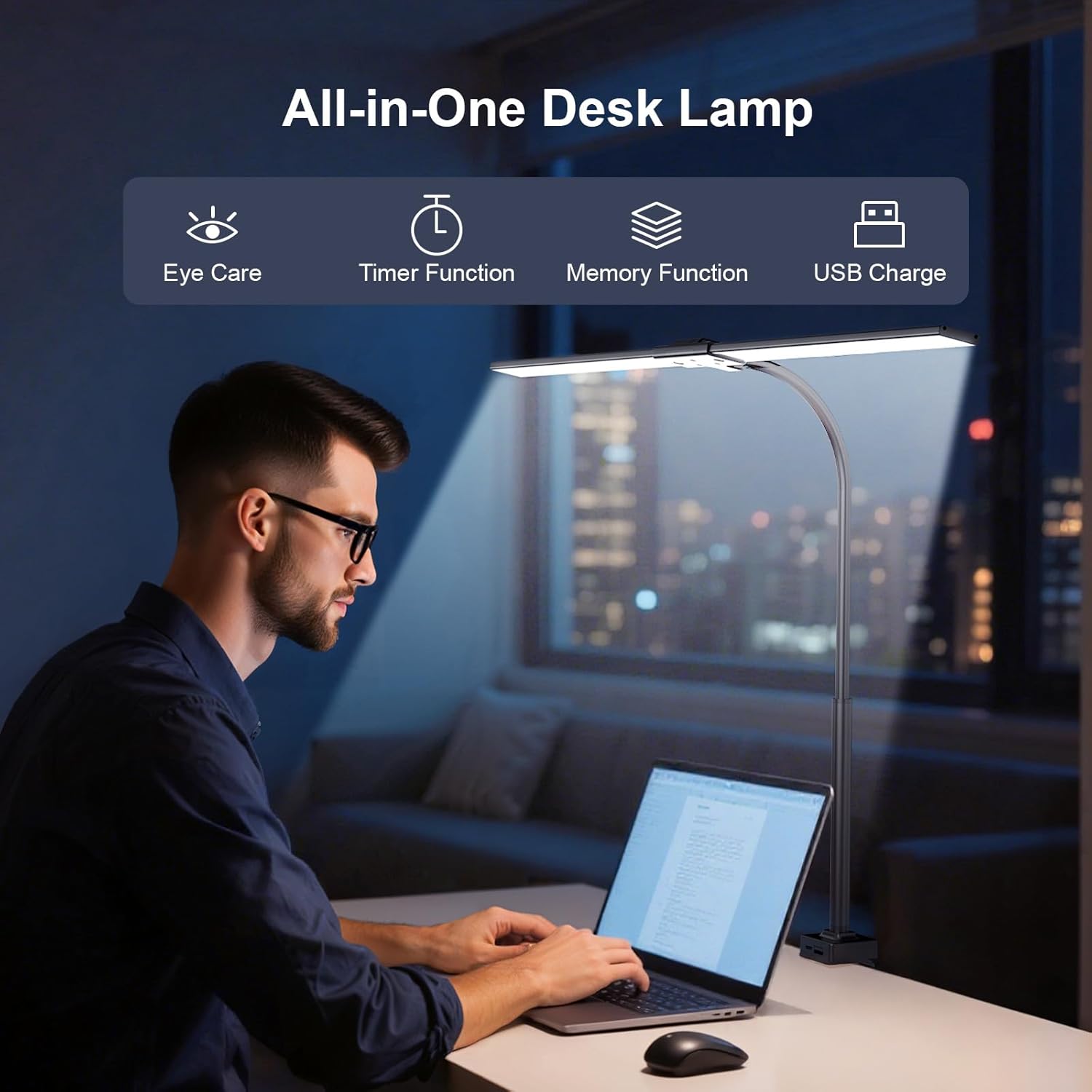 Schreibtischlampe LED dimmbar – 1500LM 24W klemmbare Büro-Schreibtischlampe mit Fernbedienung, 80 cm Schwanenhals-Schreibtischlampe, Tageslichtlampe mit Ladefunktion, für Büro und Zuhause, Schwarz – Bild 5