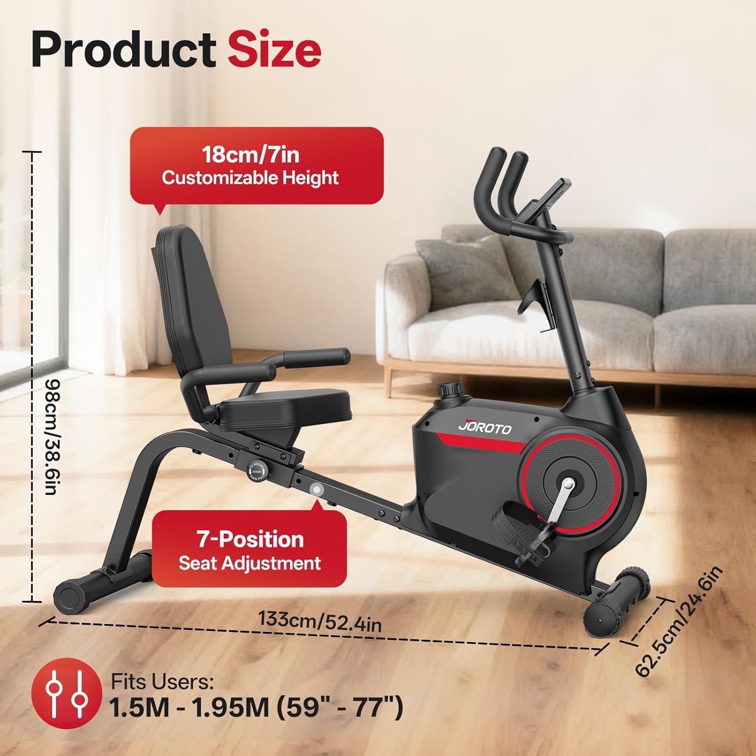 JOROTO JH30/JH30PRO Liege-Ergometer für Zuhause, intelligentes Bluetooth-Magnet-Liegerad, Indoor-Heimtrainer, Ergometer bis 136 kg Belastung, LCD-Display, verstellbarer Sitz für Cardio-Training – Bild 6
