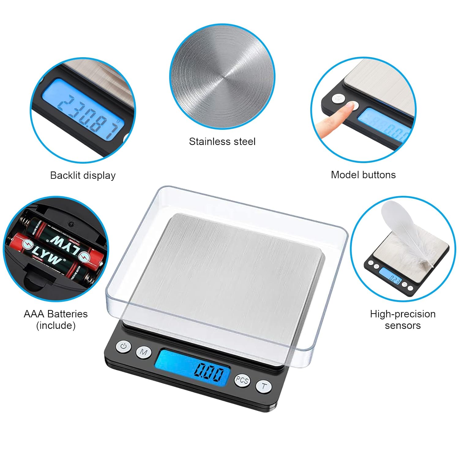 GRIFEMA Professionelle digitale Küchenwaage (hohe Präzision 0,05 g – 500 g) – Präzisionswaage mit LCD-Display und 2 Batterien, Briefwaage, automatische Speicherung und Tara, Küchenwaage klein mit 6 Maßeinheiten – Bild 4