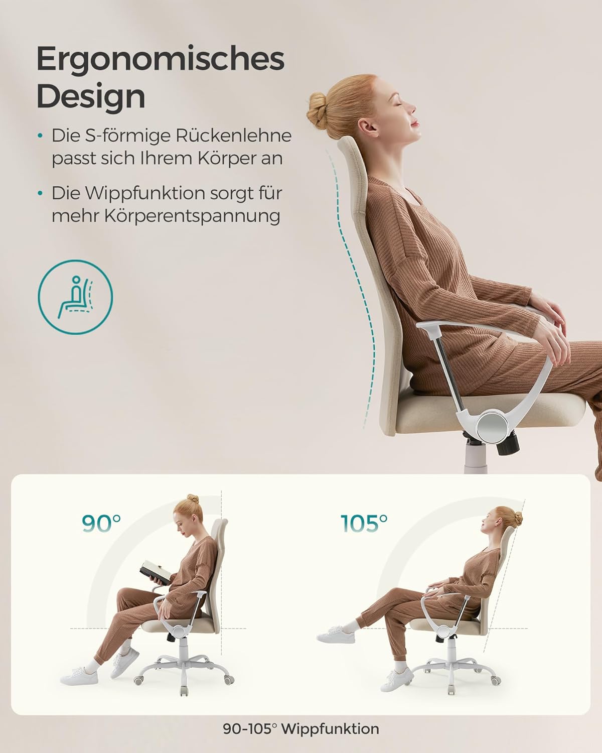 SONGMICS OBN034K01 Bürostuhl, ergonomischer Schreibtischstuhl, Drehstuhl, gepolsterte Sitzfläche, höhenverstellbar und neigbar, maximale Belastung 120 kg, Cappuccino-Beige – Bild 5