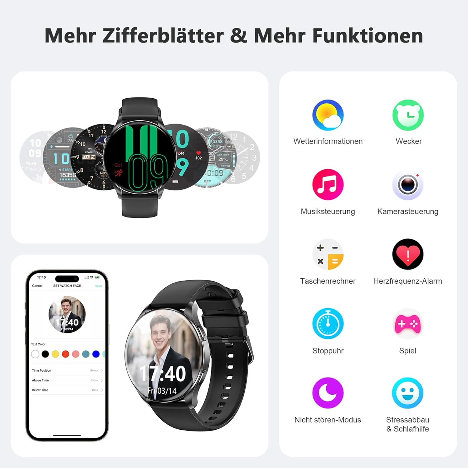 Blackview Smartwatch Herren Damen AMOLED-Bildschirm Virtuelle Always-On-Uhr Aktivieren/Empfangen Sportuhr mit Puls Schlaf SpO2 Schritte Kalorien Kilometer 2 Armbänder (Silikon/Nylon) für Android iOS – Bild 6
