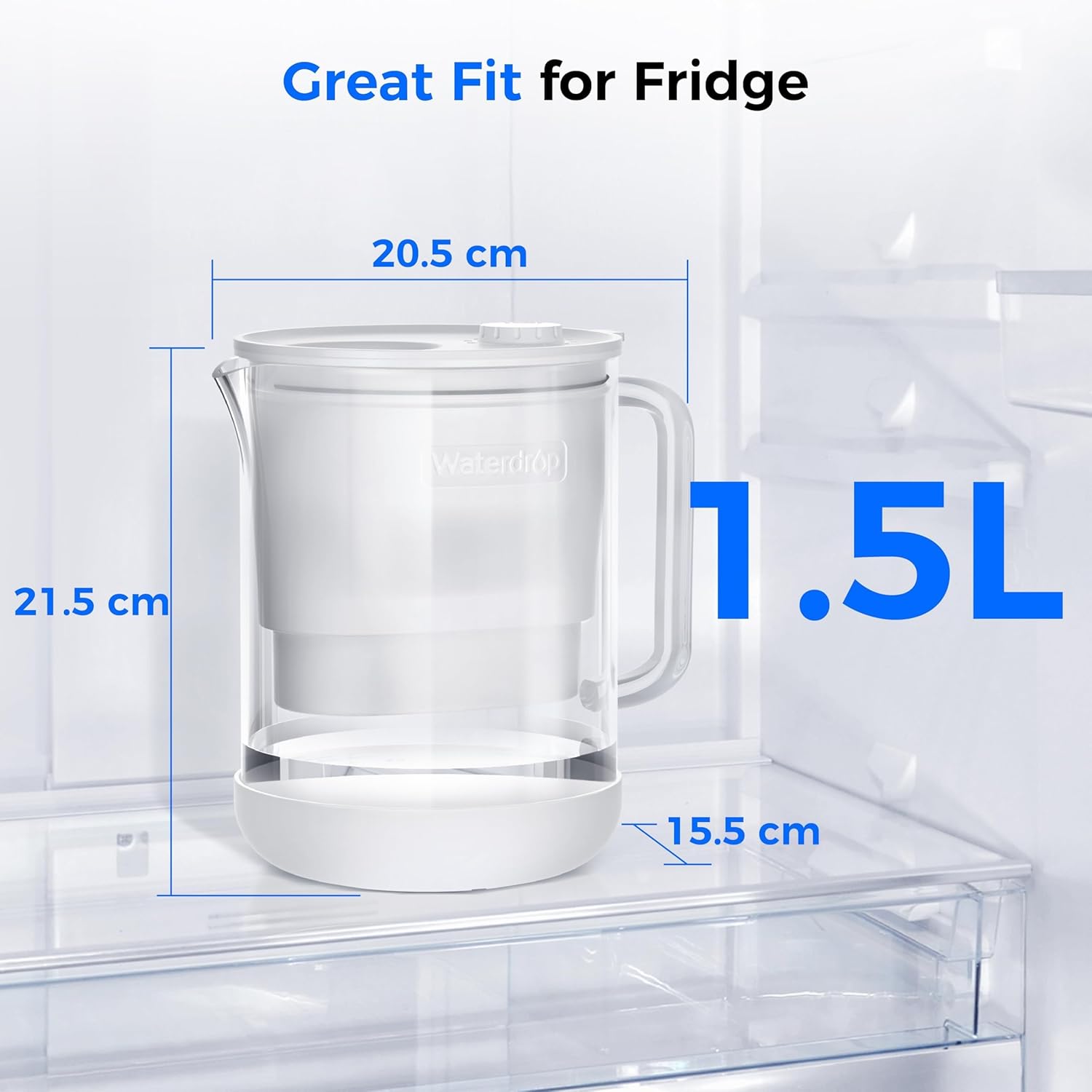 Waterdrop GGLÄSSE WD-PT-72W Wasserfilterkanne, 1,5 l Wasserfilterkanne mit 2-Monats-Filter, NSF 53&42&372 zertifiziert, reduziert PFOA/PFOS, Chlor, Cadmium, Kupfer, Quecksilber, WD-PT-72W – Bild 4