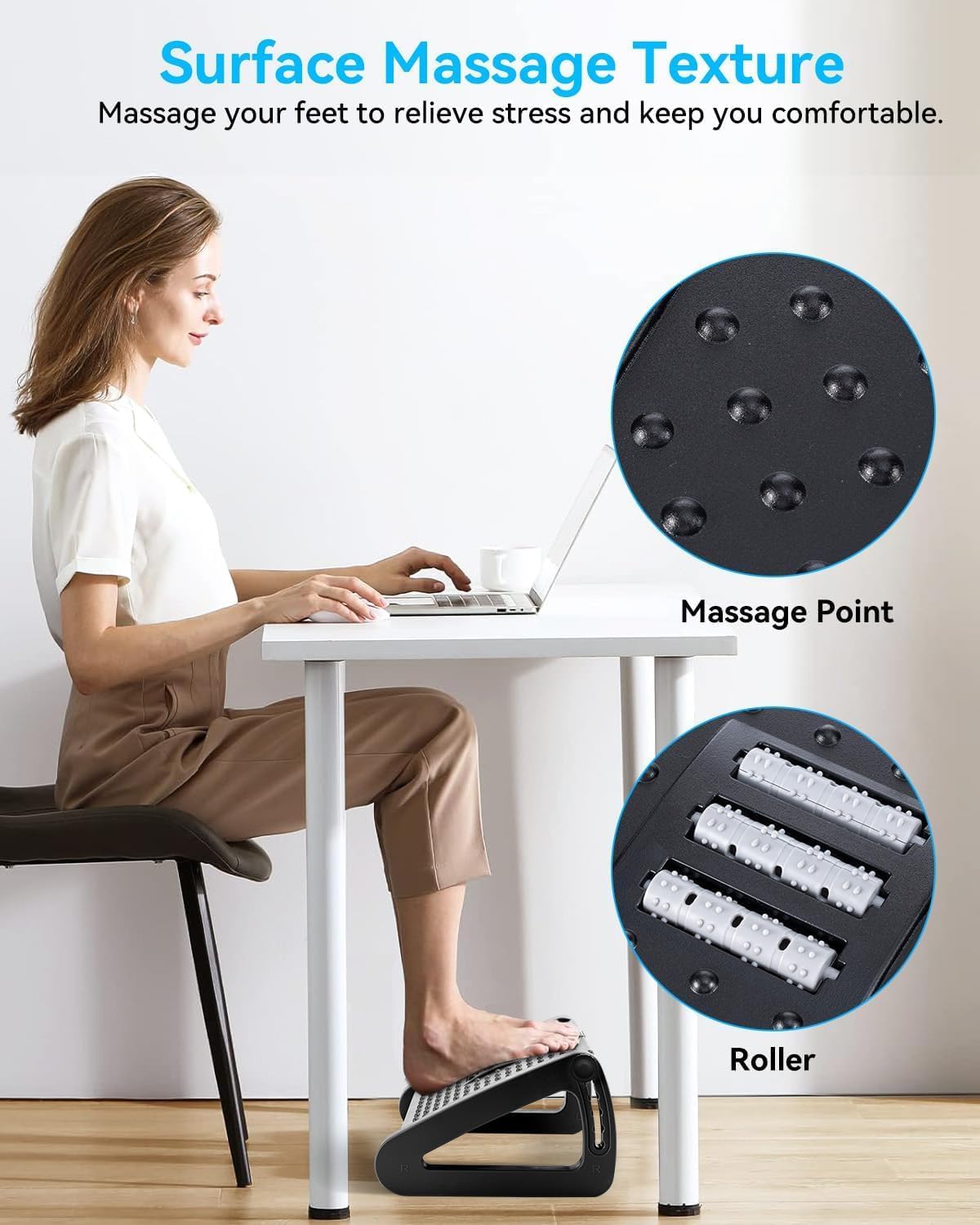 Fußstützen-Schreibtisch, 6 höhenverstellbar und winkelverstellbar, rutschfeste Fußstütze mit Massagefunktion, lindert Bein-, Knie- und Rückenschmerzen, ideal für Zuhause, Büro und Reisen – Bild 8