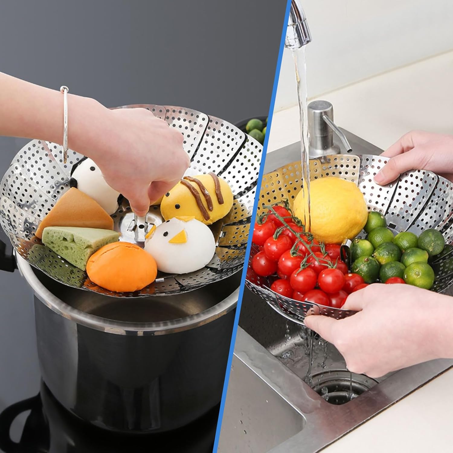 Dampfgareinsatz aus Edelstahl – Klappbarer Dampfgareinsatz für Töpfe 14-23 cm – Dampfeinsatz mit Öse für Gemüsedämpfer, Dampfgarer & Schnellkochtöpfe – Vielseitiger Dampfgartopf & Dampfgartopf – Bild 4