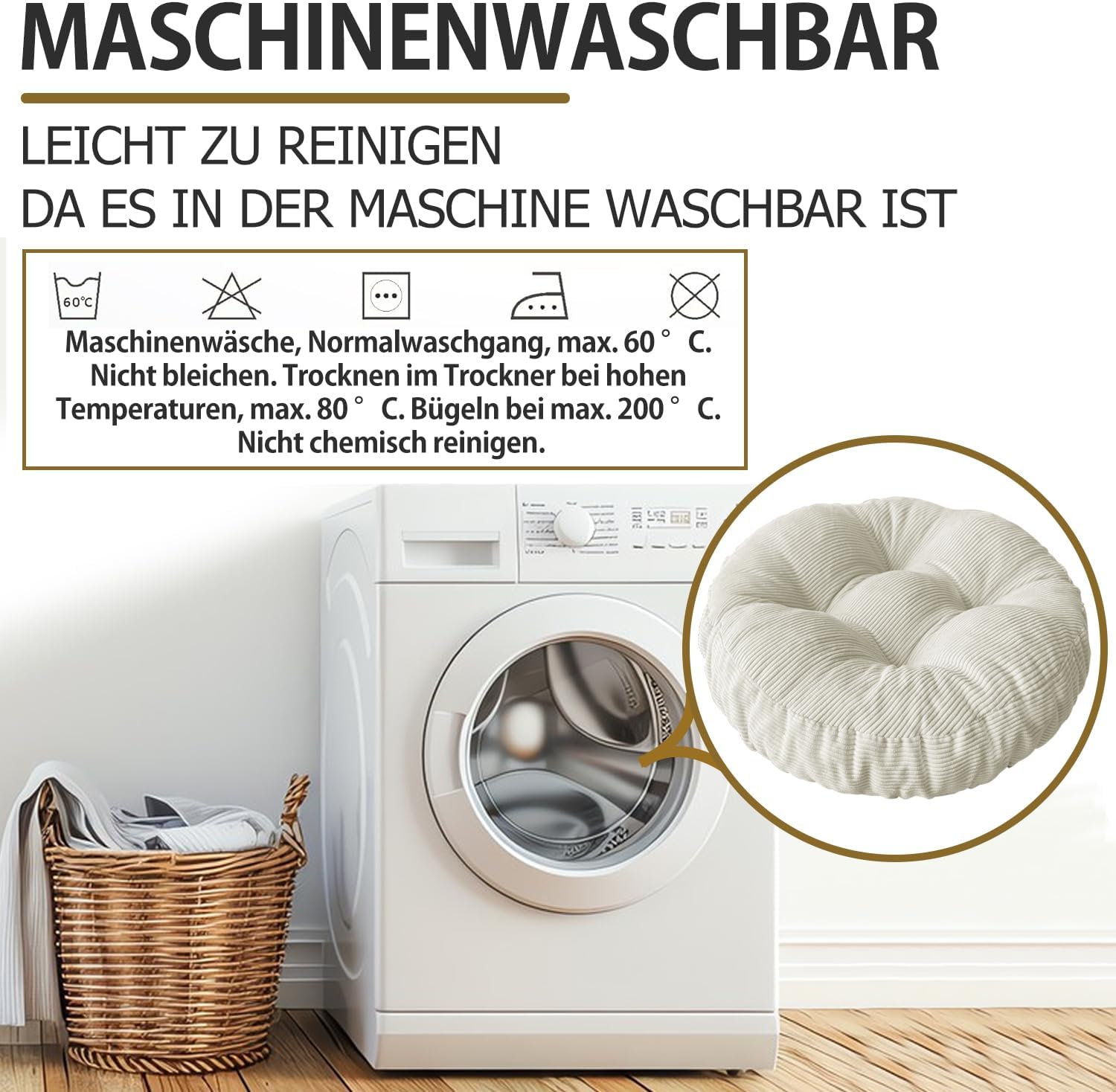 Rundes Sitzkissen, 30 x 30 cm, rutschfest, waschbar, Sitzkissen, bequemes Stuhlkissen, 6 cm dick, waschbares Stuhlkissen aus Cordstoff, für Innen, Küche, Garten, Holzstühle – Bild 6