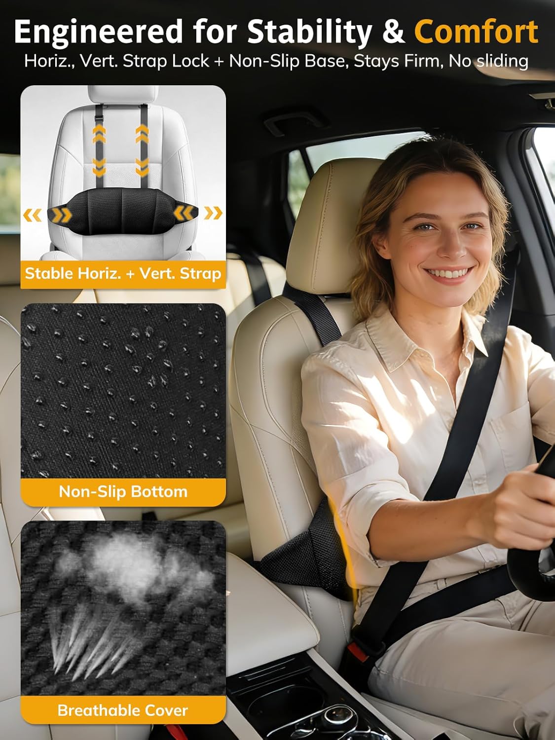 Verstellbares Lordosenstützkissen für Autositze mit Doppelgurten, Memory-Schaum-Unterstützung für den unteren Rücken und Taillenkissen mit konvexem Punktdesign, abnehmbarer Bezug für Fahrzeuge und Bürostühle – Bild 3