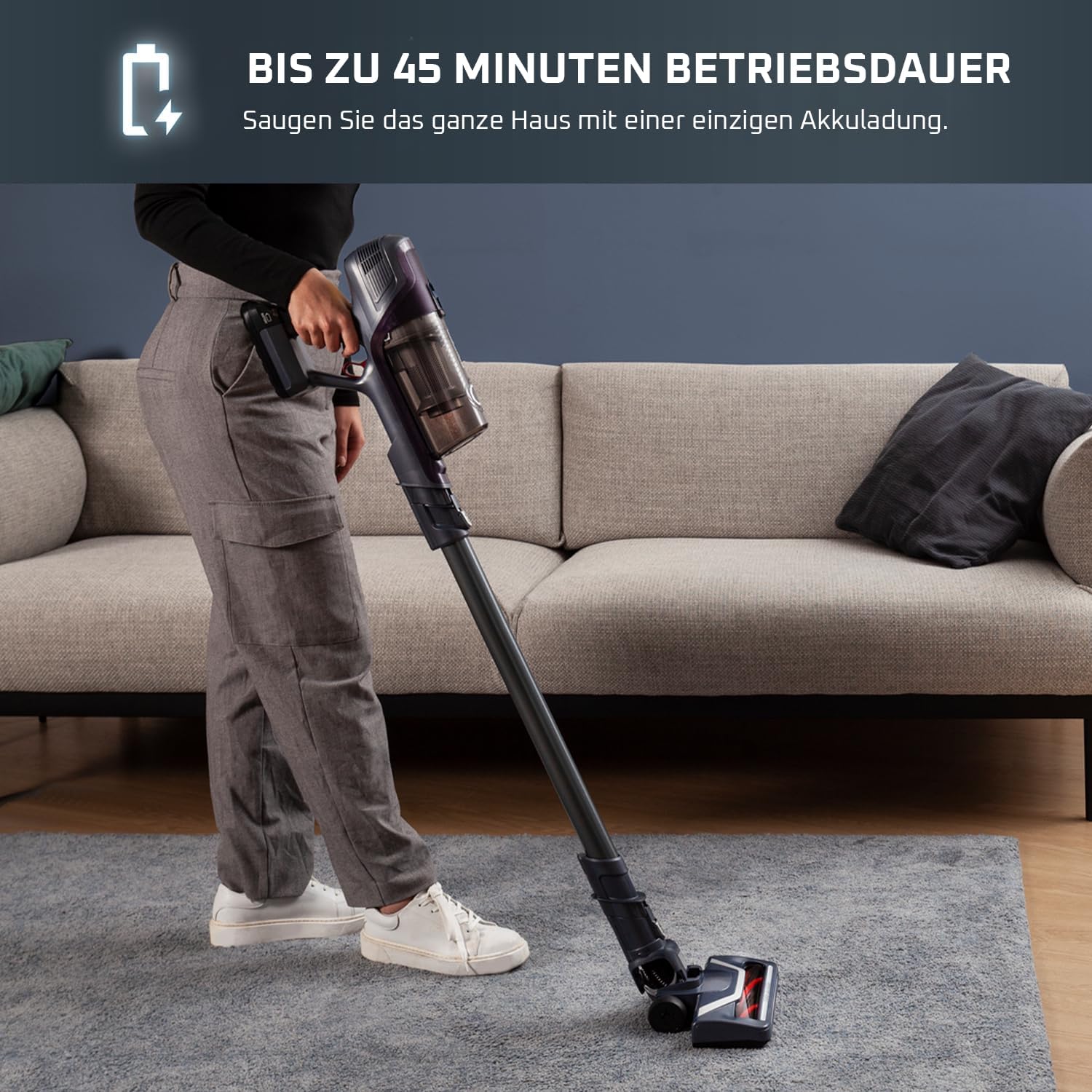Rowenta X-Pert 6.60 Essential Akku-Staubsauger, 100 W Leistung, 45 Minuten Laufzeit, kabellos und beutellos, LED-Bürstenkopf, abnehmbarer Akku, inklusive Fugendüse und Wandhalterung, Lila/Schwarz, RH6838 – Bild 8