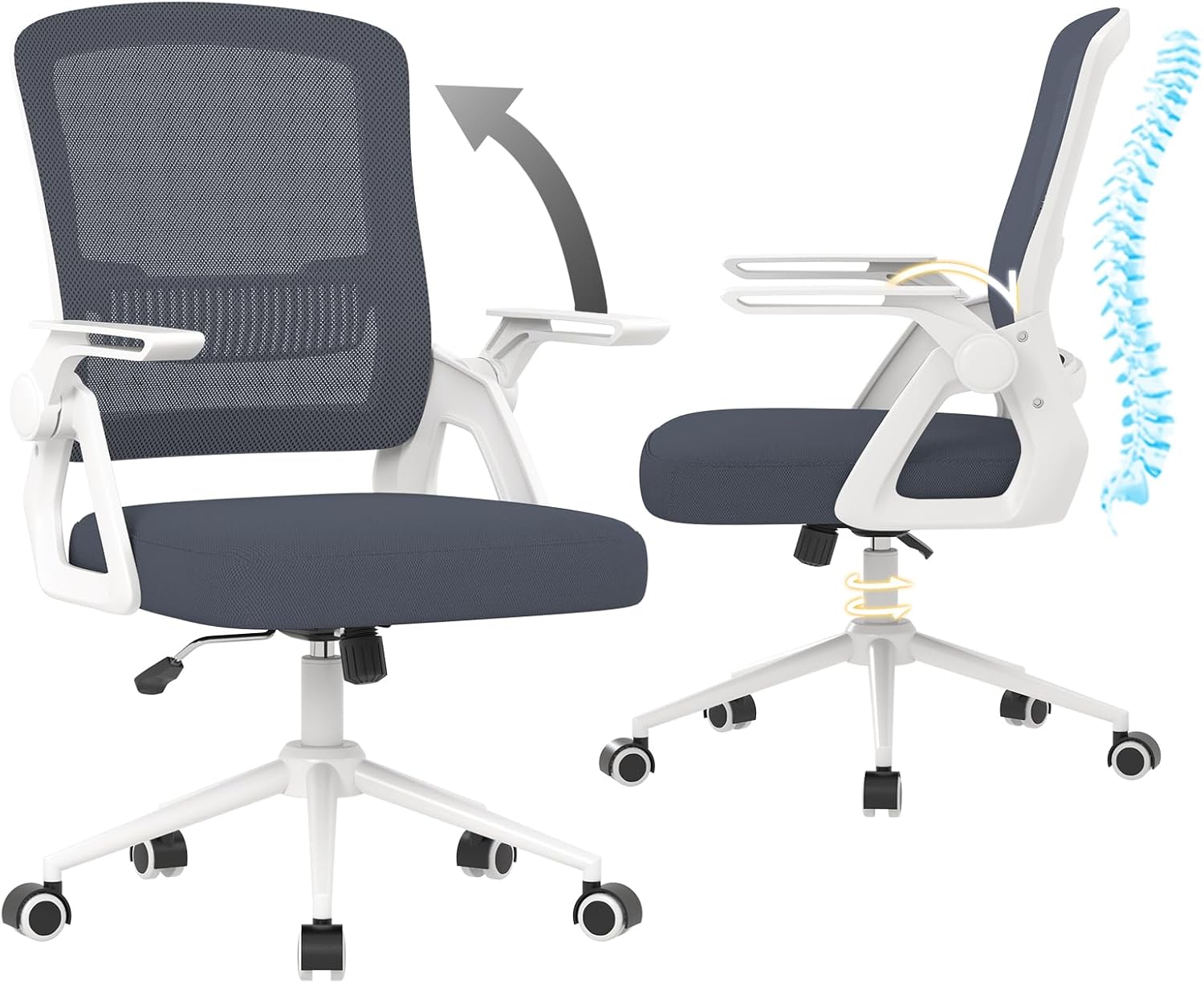 naspaluro Bürostuhl mit klappbaren Armlehnen, ergonomischer Drehstuhl mit Netzbezug, Lordosenstütze, höhenverstellbar, Wippfunktion, gepolstertes Sitzkissen, hellgrau – Bild 9