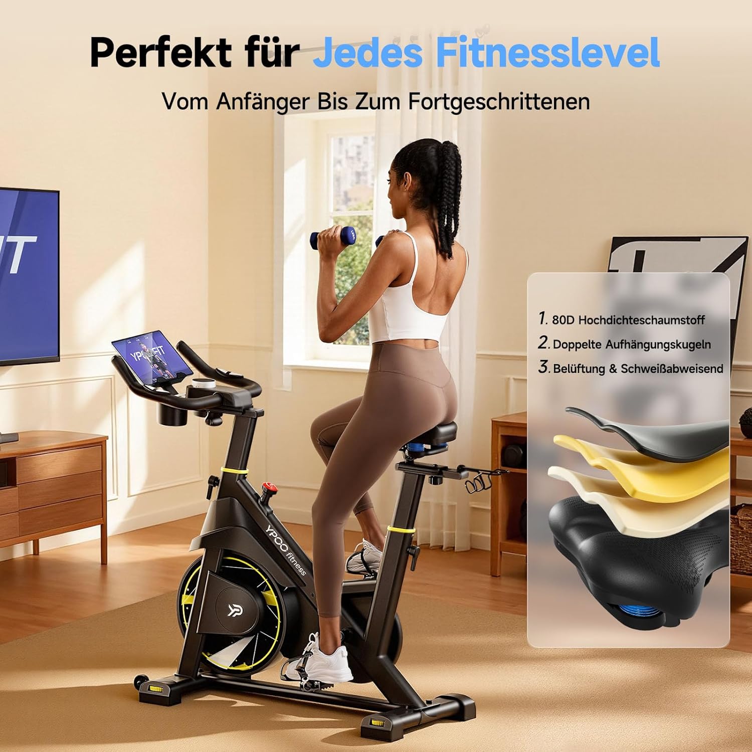 YPOO Heimtrainer, Leises Heimtrainer-Fahrrad mit einstellbarem Magnetwiderstand, Indoor-Spinning-Bike für Cardio-Training mit Komfort-Atmungssitz, Tablet-Halterung, App, LED-Monitor bis 160 kg – Bild 7