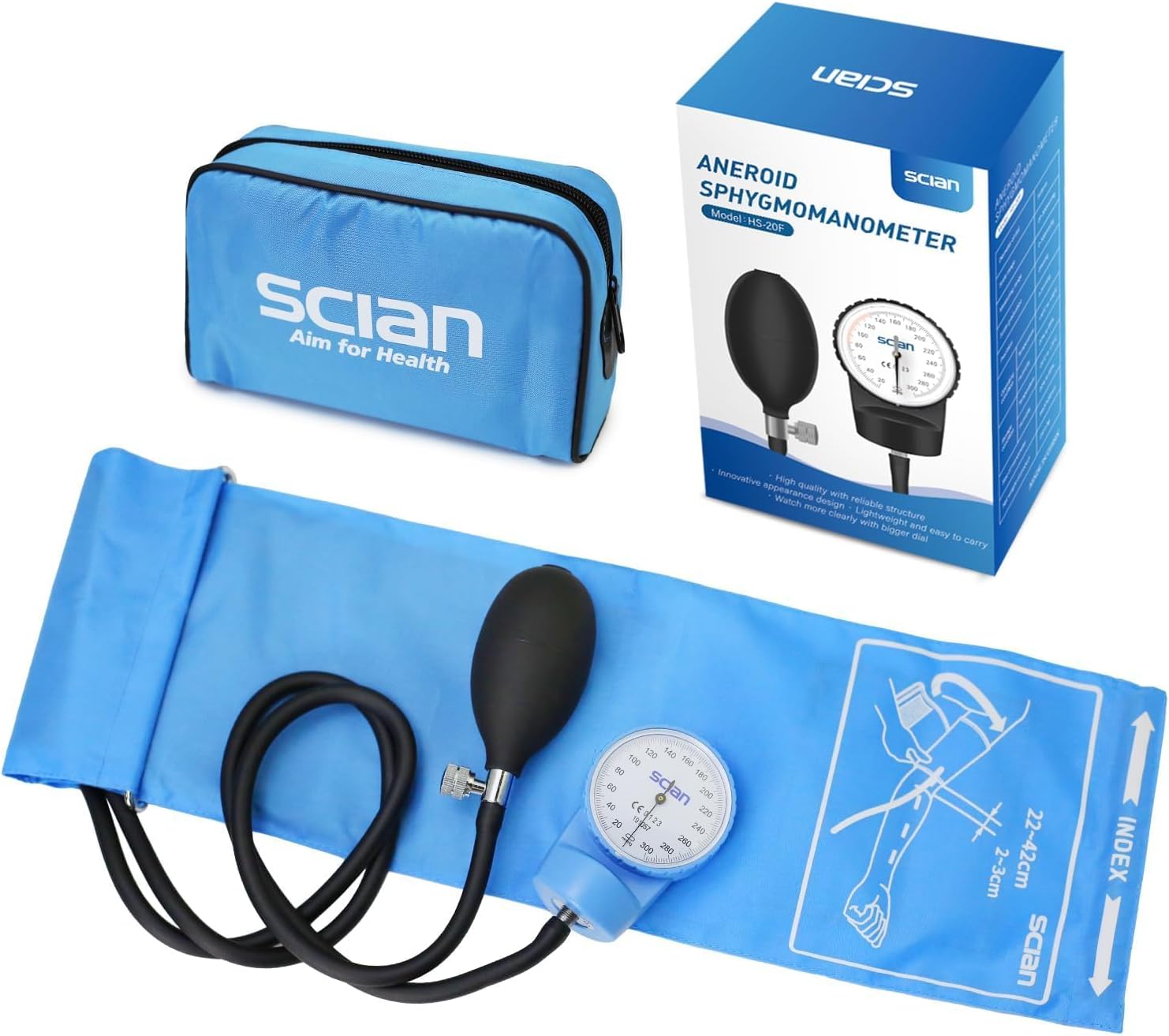 Scian Manuelles Blutdruckmessgerät – Aneroid-Blutdruckmessgerät mit D-Ring, Universalmanschette, 22–42 cm, Tragetasche für Krankenschwestern, Ärzte, Senioren, Erwachsene (Himmelblau) – Bild 3