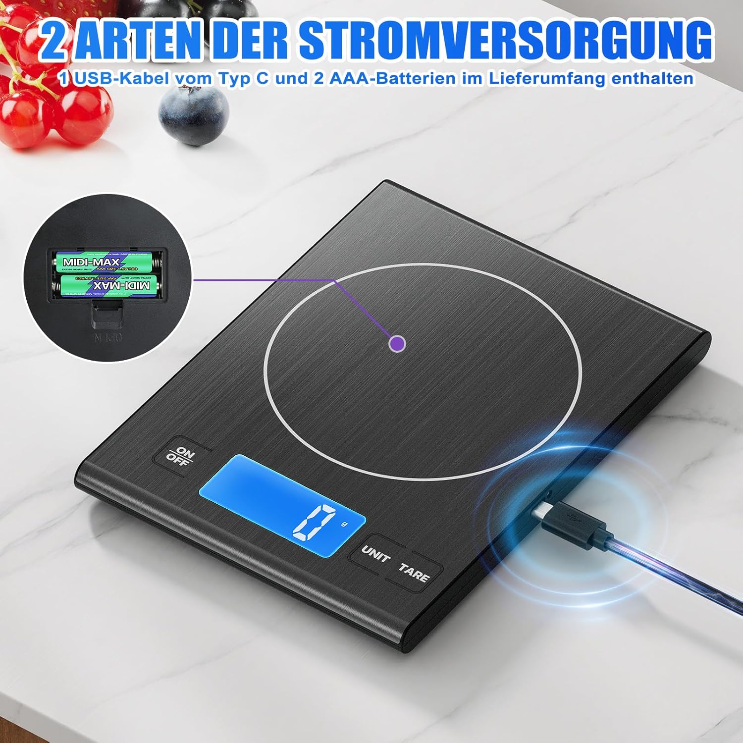 Diyife Schwarze 15-kg-Küchenwaage aus hochwertigem 304-Stahl, Dual-Power-Digitalwaage mit Typ-C-Ladung und Batteriebetrieb, LED-Anzeige mit hellen Zahlen, Tara-Funktion – Bild 2