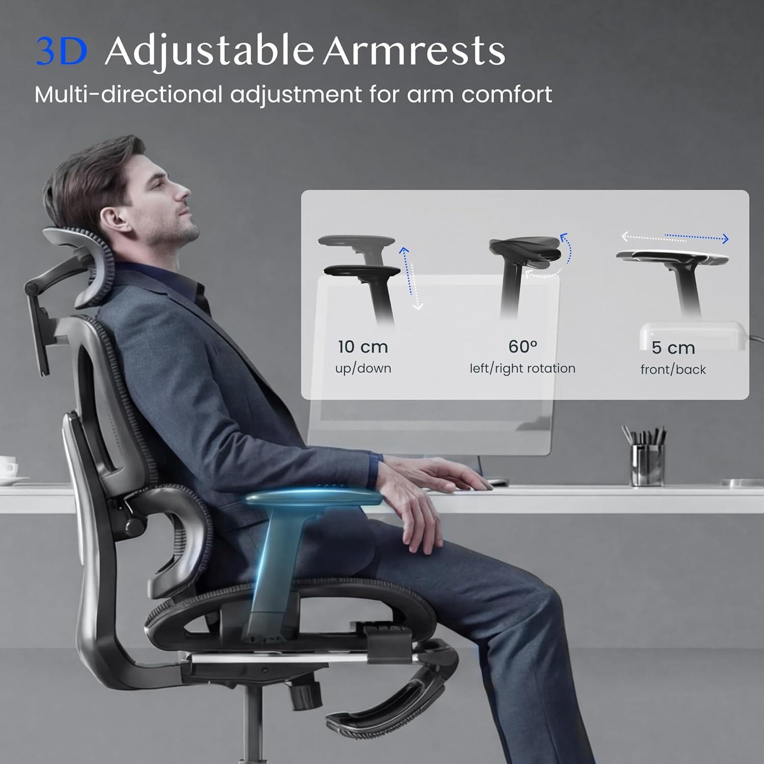 FLEXISPOT ErgoX Ergonomischer Bürostuhl, Schreibtischstuhl mit Fußstütze, 3D-Armlehnen, 3D-Kopfstütze, 5D-Rückenlehne, atmungsaktiver Sitz, 136 kg maximale Belastbarkeit, Dunkelgrau – Bild 5