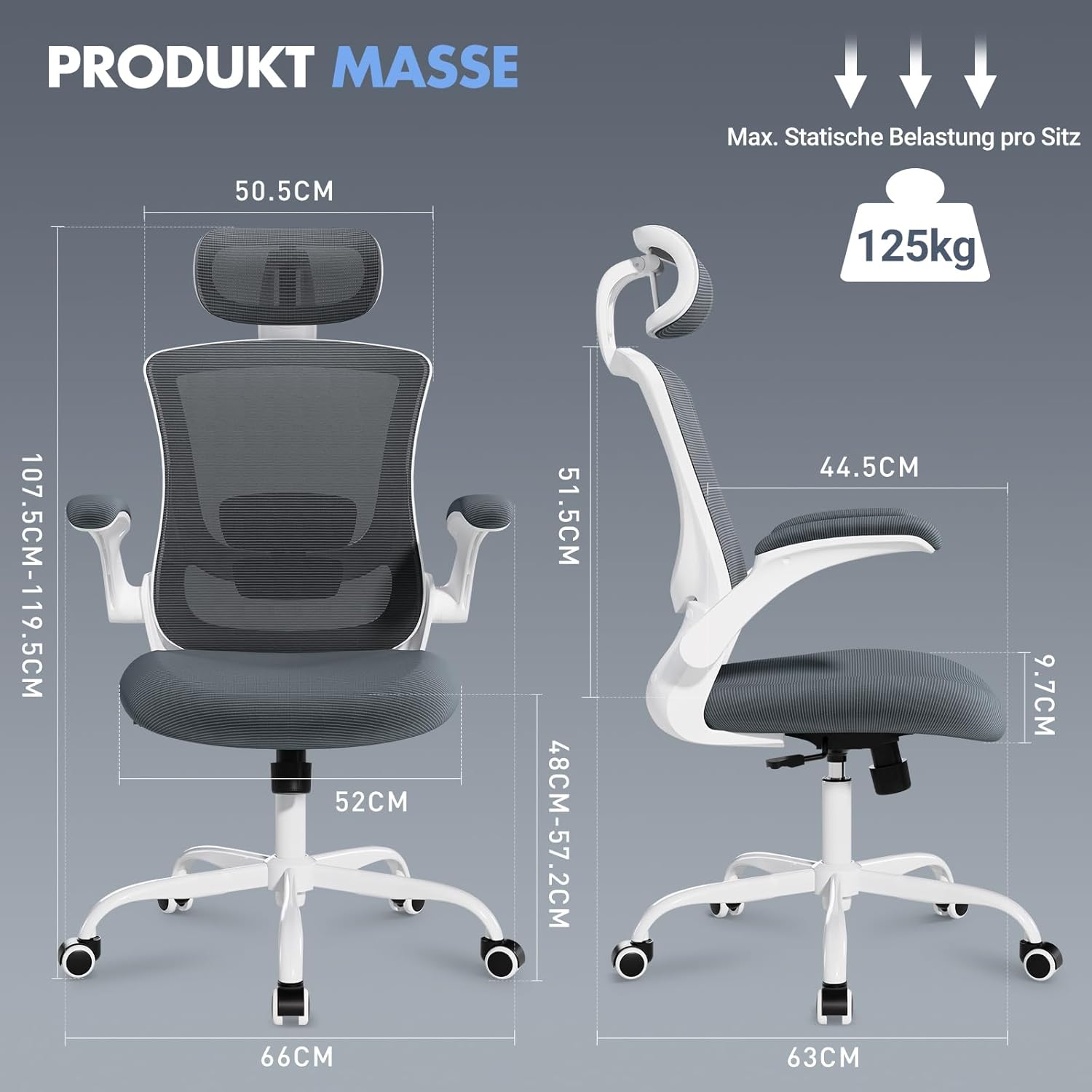 COLAMY Bürostuhl, Netz-Computerstuhl mit verstellbarer Kopfstütze und Lordosenstütze, ergonomischer Arbeitsstuhl mit hochklappbarer Armlehne, 140°-Wippfunktion, Grau – Bild 2
