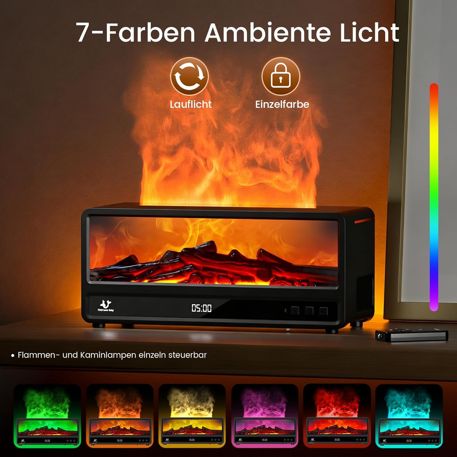 Luftbefeuchter, 250 ml Flammen-Kamin-Aroma-Diffusor, 7 Farben Aromatherapie-Diffusor mit magnetischer Fernbedienung & Timer & automatischer Abschaltung, Ultraschall-Luftbefeuchter für Schlafzimmer (schwarz) – Bild 3