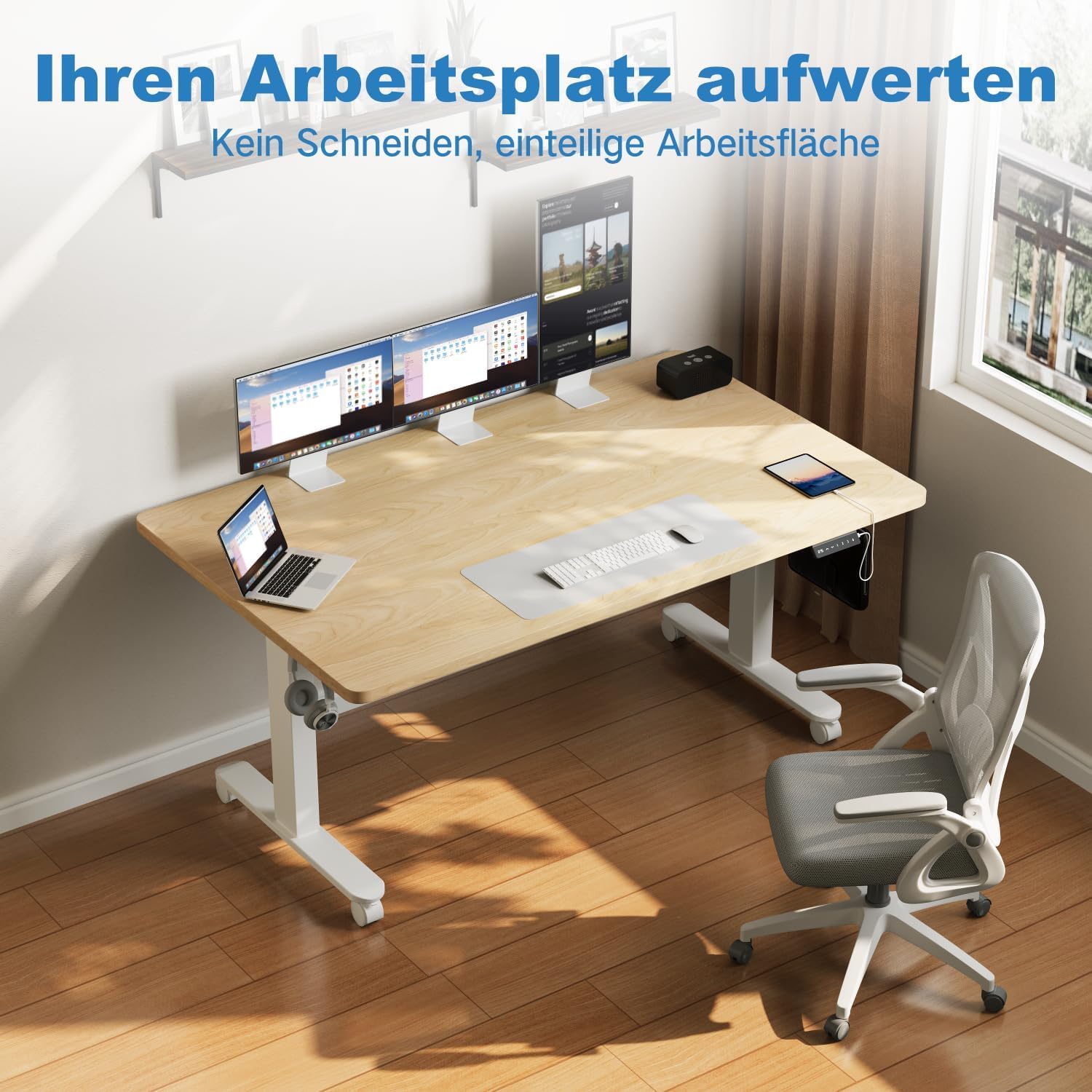 Devoko Höhenverstellbarer Schreibtisch mit 2 Motoren, 25 mm einteilige Tischplatte, 160 x 80 cm, mobiler elektrischer Computertisch mit Kabelmanagement, Eiche, perfekte Ergonomie für Ihr Büro – Bild 8