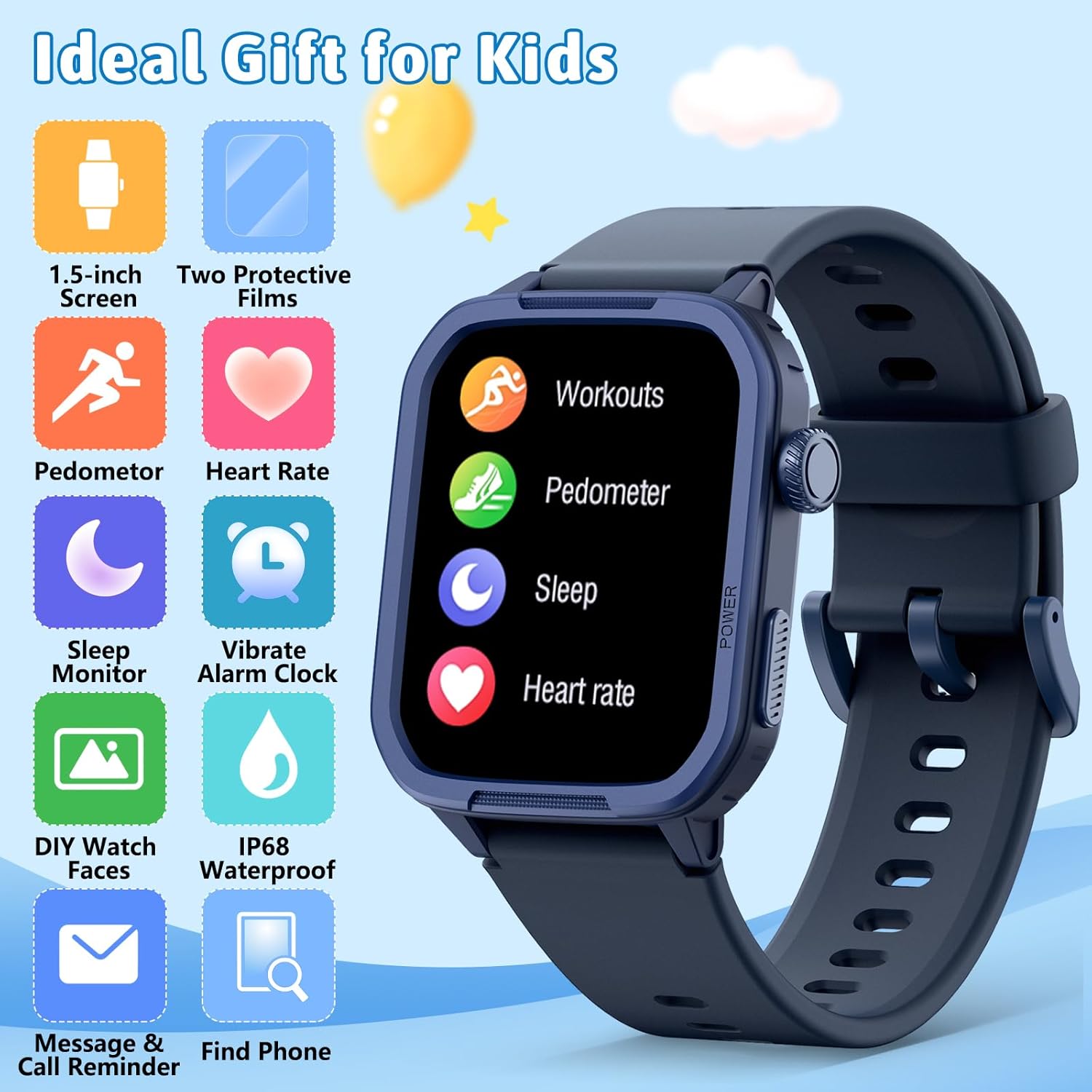 Smartwatch Kinder Fitness Tracker Uhr Digitale Fitnessuhr mit Schrittzähler, 24/7 Puls, IP68 Wasserdicht, Schlafmonitor, Wecker, Geschenk für Kinder Mädchen Jungen 6-16 (Blau) – Bild 2
