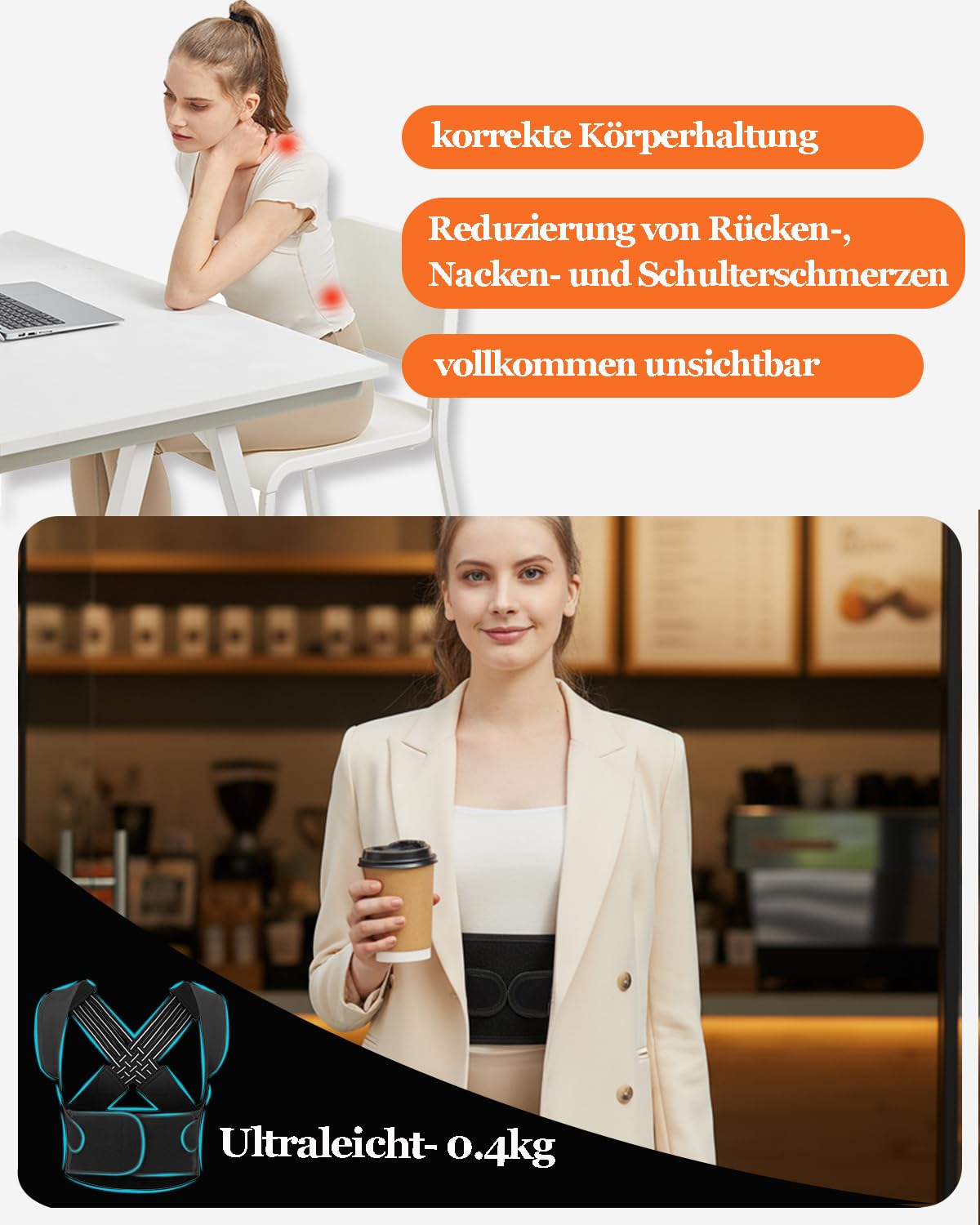 BraceTop Rückenglätter, Haltungskorrektur für Männer und Frauen, verstellbarer Haltungstrainer, Rückenstützgürtel, leichter, atmungsaktiver Schultergurt – Bild 4