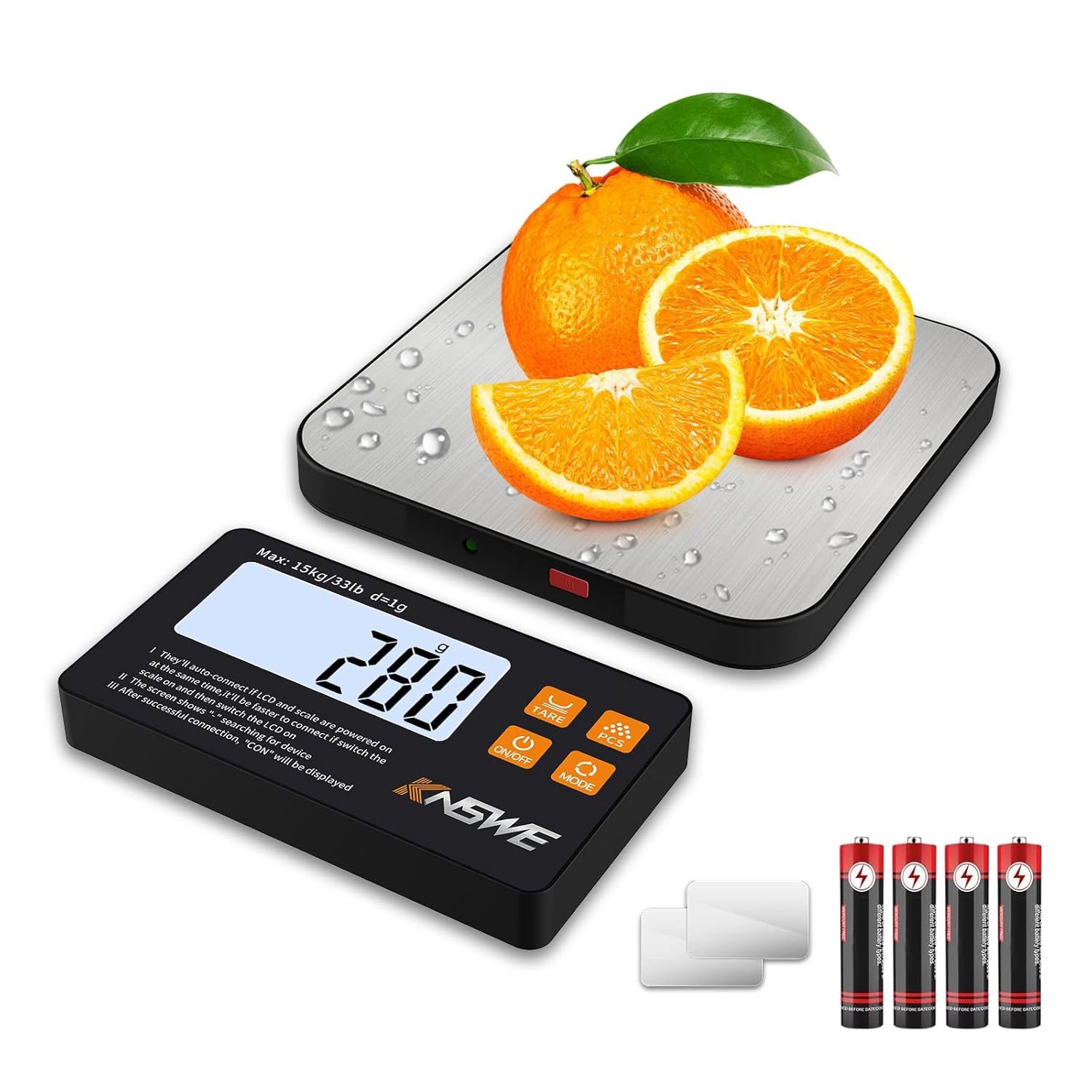 Digitale Küchenwaage mit kabellosem geteiltem LCD-Display, 1 g/15 kg, genaue Präzisionswaage, Küche, Lebensmittelwaage aus Edelstahl 304, Tarafunktion, 7 Einheiten, digitale Waage, Gramm zum Backen, Kochen von Lebensmitteln
