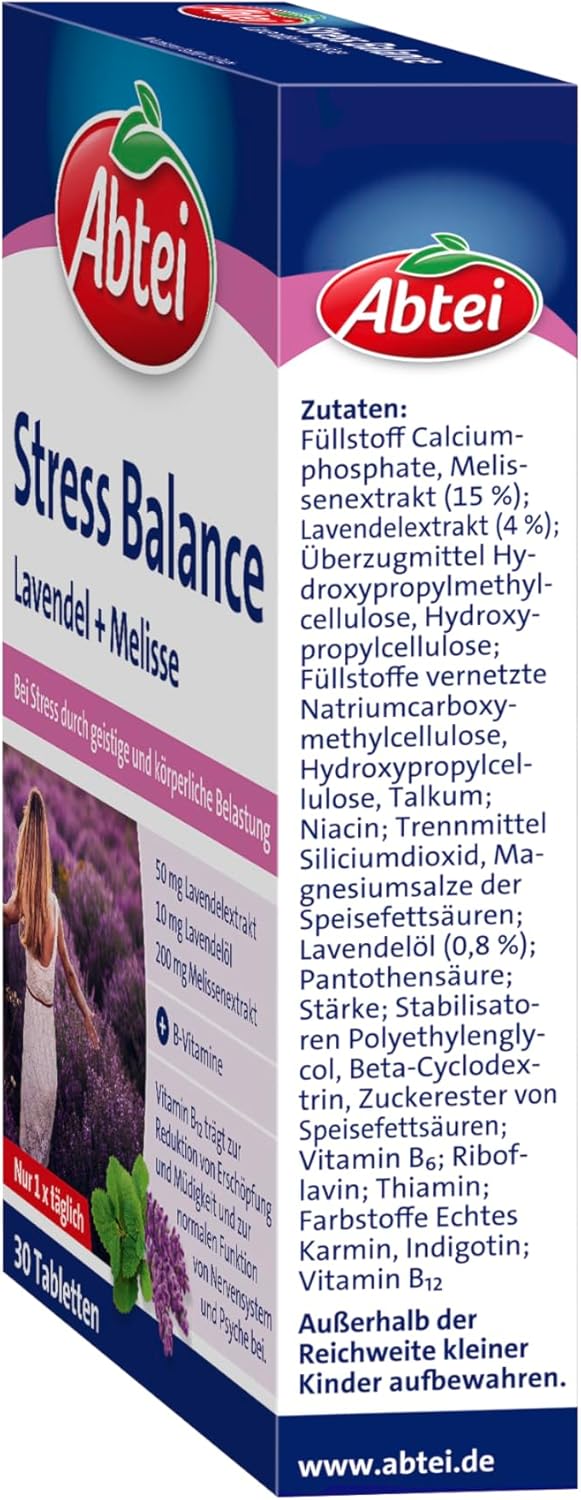 Abtei Stress Balance – mit Lavendel + Melisse – bei Stress durch geistige und körperliche Belastung – mit B-Vitaminen – glutenfrei, laktosefrei, gelatinefrei – 1 x 30 Tabletten – Bild 2