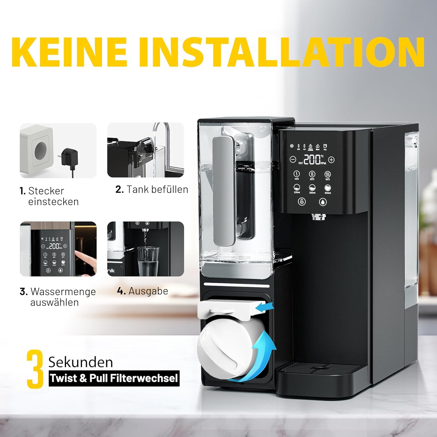 Sunik Auftisch-Osmoseanlage NC100-H Wasserfilter, Heißwasserfunktion (bis zu 100 °C), Umkehrosmoseanlage mit Tank, keine Installation, 5-stufige Filtration, TDS-Anzeige, UV-Desinfektion & Kalk – Bild 4