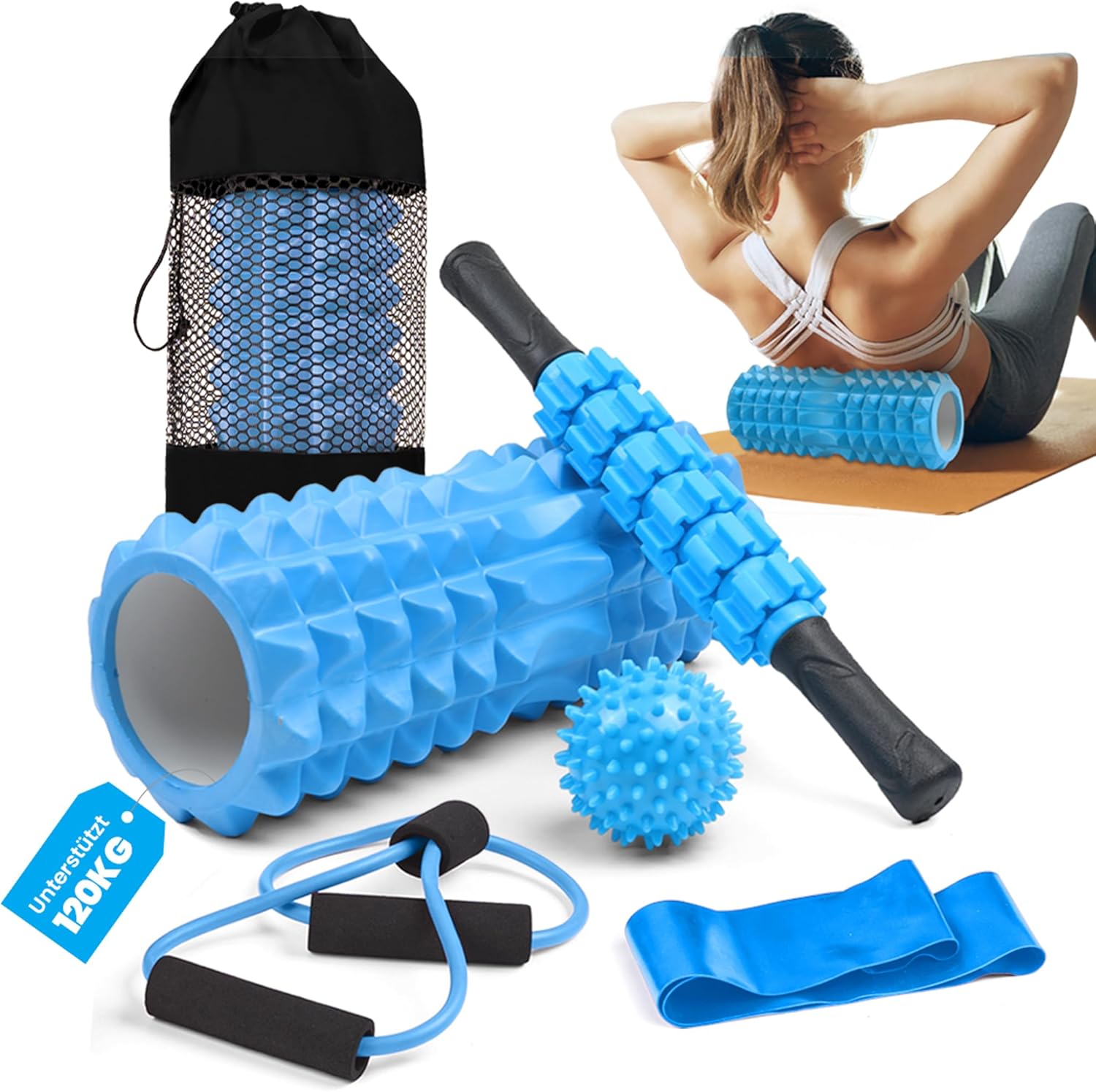 unycos - Faszienrolle 【PP/EVA】5-in-1-Set, Muskelmassagerolle/Schaumstoffrolle, die 120 kg trägt, Fitness-Widerstandsband, Massageball, Rehabilitationsstab, Formseil und Aufbewahrungstasche (blau)