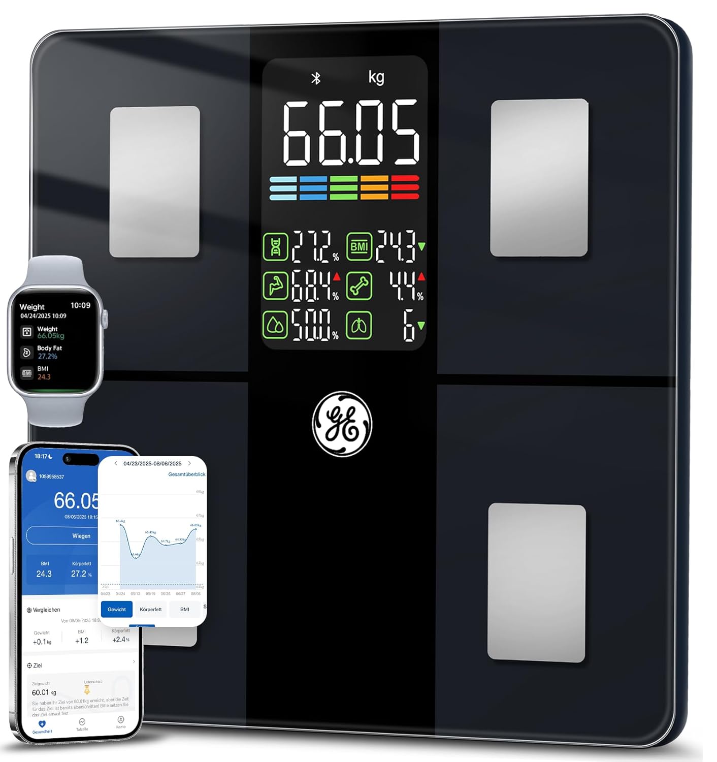 GE Digitale Körperfettwaage mit großem Display, intelligente Waage mit Körperfett und Muskelmasse mit App, 14 Körpermessungen, BMI, Bluetooth-Personenwaage bis 180 kg/400 lb