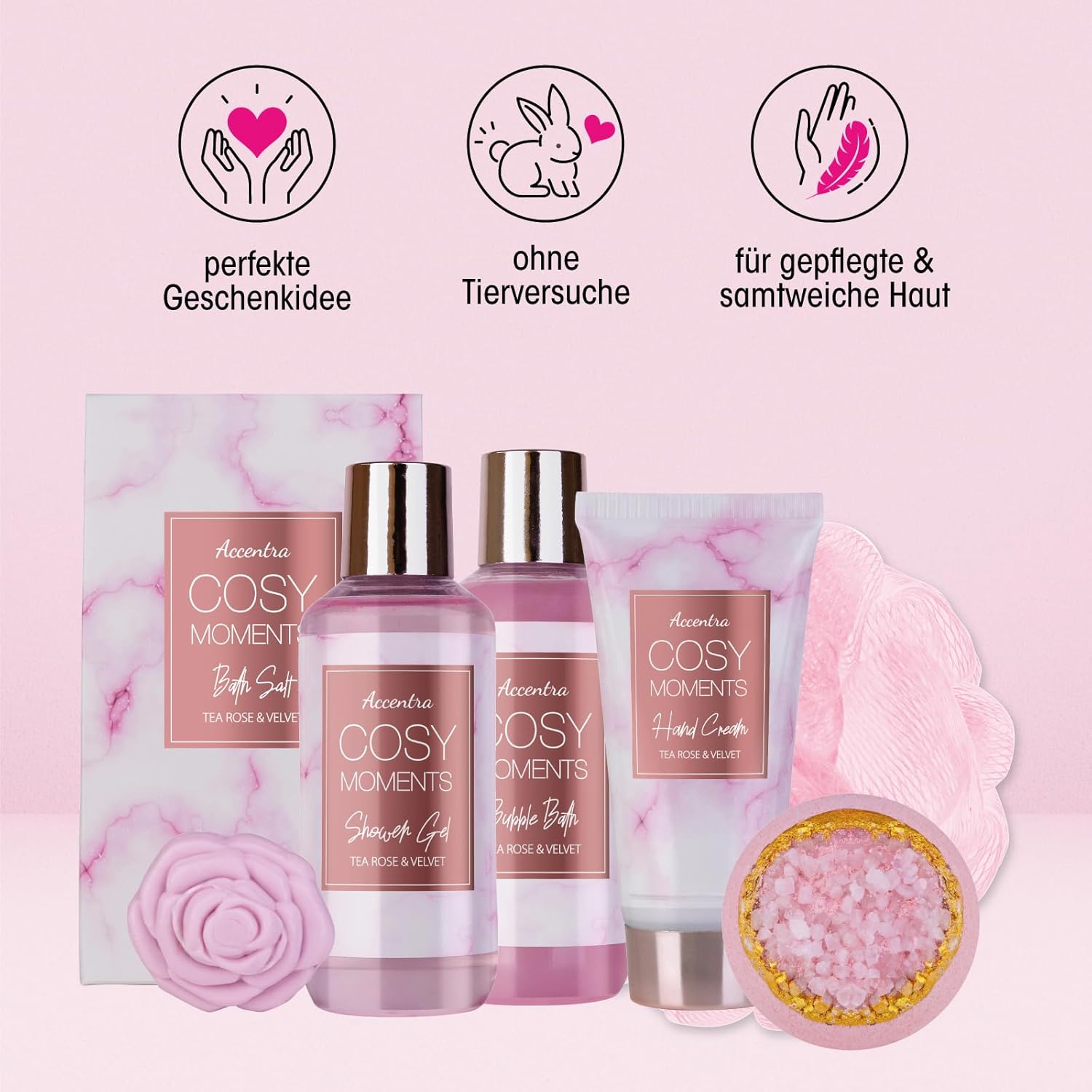 Accentra Cozy Moments Badeset, Geschenkset für Frauen mit 150 ml Duschgel, 150 ml Schaumbad, 150 g Badesalz, 90 g Badebombe, 60 ml Handcreme, 30 g Seife und 15 g Netzschwamm in glänzender Badewanne – Bild 4