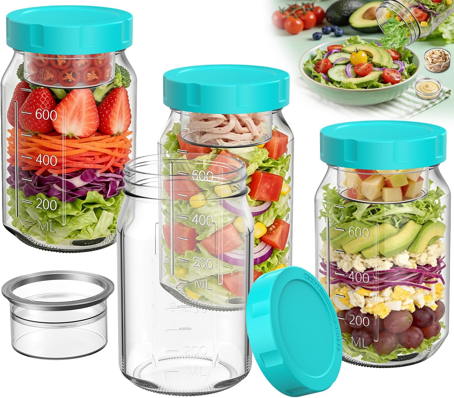 Meal-Prep-Gläser mit Deckel-Set, 4 x 950 ml Einmachgläser, auslaufsicherer/vertikal geschichteter Meal-Prep-Behälter, ideal zum Mitnehmen, für Salate, Marmelade, Overnight Oats und zum Öffnen von Fertiggerichten