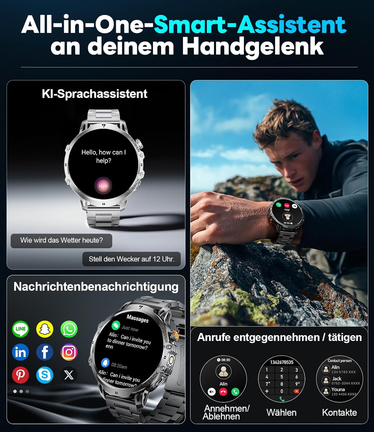 LIGE Military Smartwatch Herren – 1000 mAh/1,85 Zoll HD großer Touchscreen/LED-Licht, Fitnessuhr mit 110+ Sportmodi, Herz-/Schlaf-Tracking, 2 Armbänder, IP68 wasserdicht, Sportuhr für iOS/Android, Schwarz – Bild 10