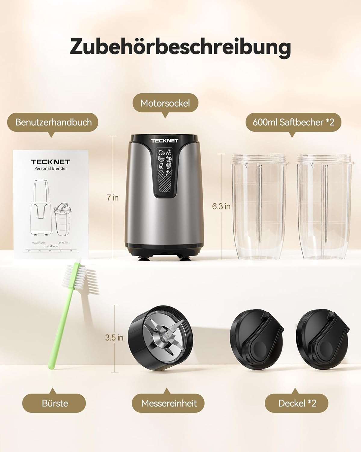 TECKNET 1000 W Smoothie Maker, Standmixer mit 2 BPA-freien 600 ml tragbaren Bechern, klein mit Kreuzklingen aus 304 Edelstahl, leicht zu reinigen, Mixer elektrisch für Shake, Smoothie & Babynahrung – Bild 6