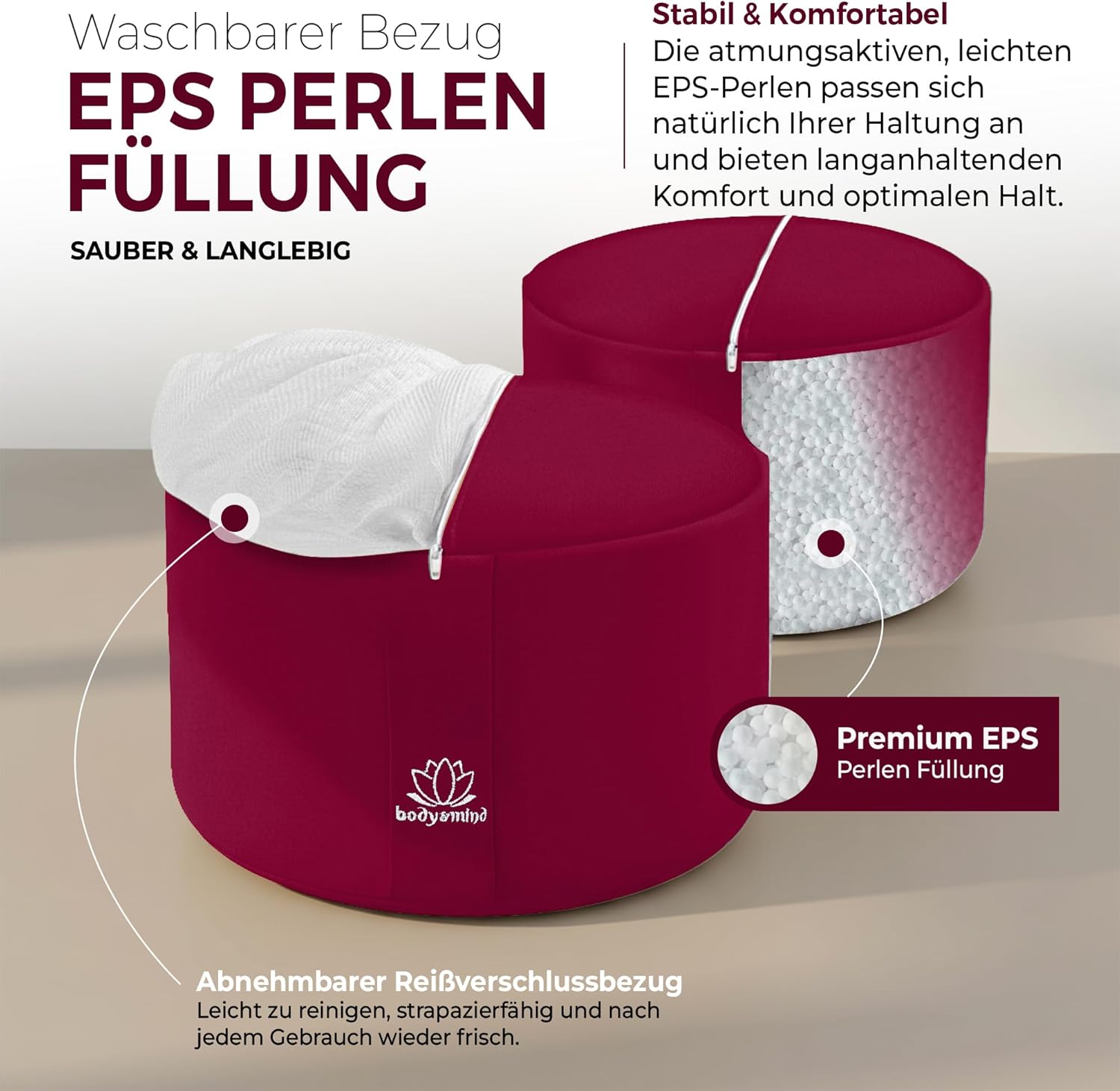 Body & Mind® Yogakissen Meditationskissen Bodensitzkissen Auflage für Meditation & Yoga; Waschbarer Bezug und atmungsaktive Premium-Füllung; 18 cm Sitzhöhe – Bild 2