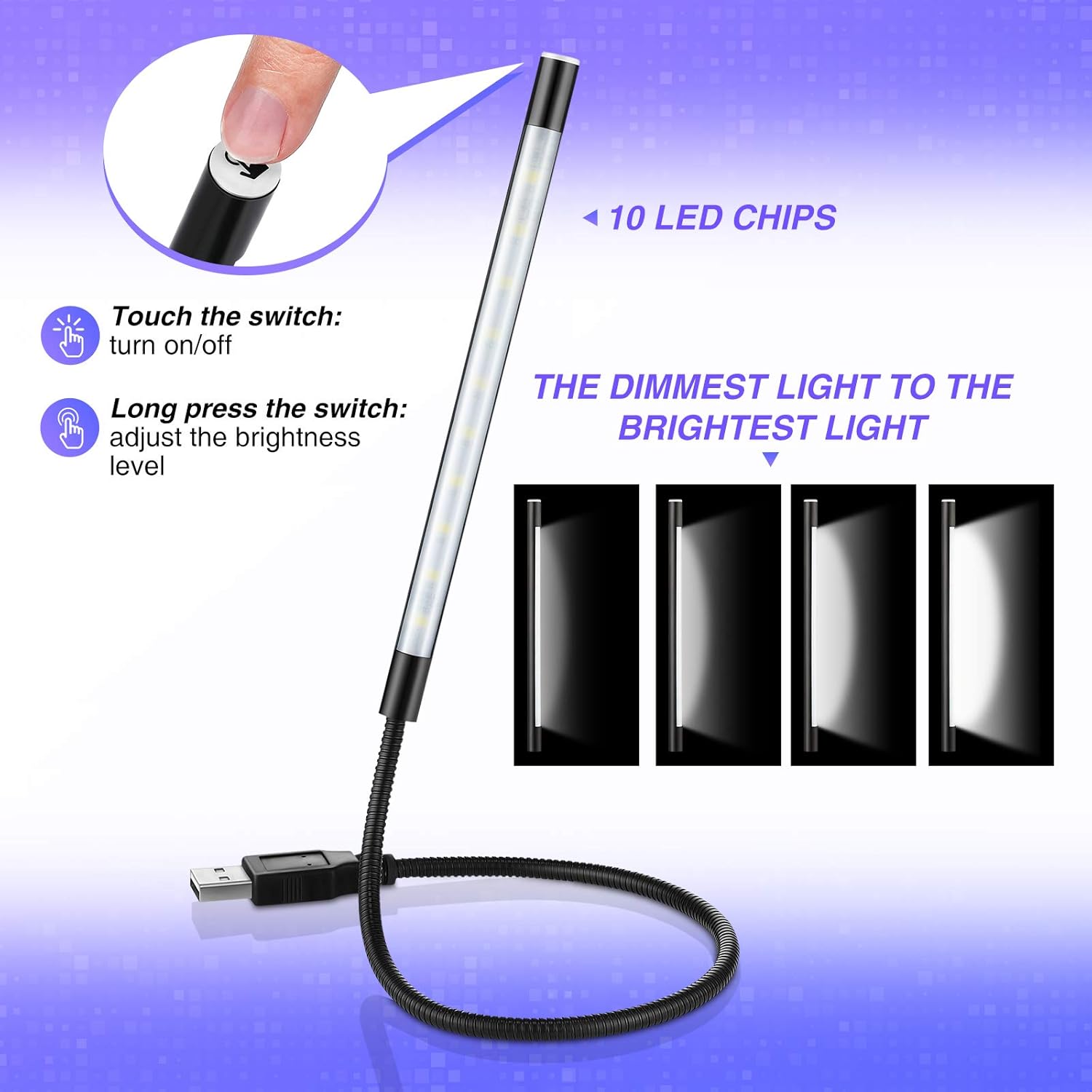 Weewooday 2 Stück USB-LED-Lampe Schwanenhals-Leseleuchten, flexible Tastaturleuchte, dimmbare LED-Tastaturbeleuchtung, Touch-Schalter, Schwanenhals-USB-Licht für Laptop, Buch, Computer (schwarz, silber) – Bild 4