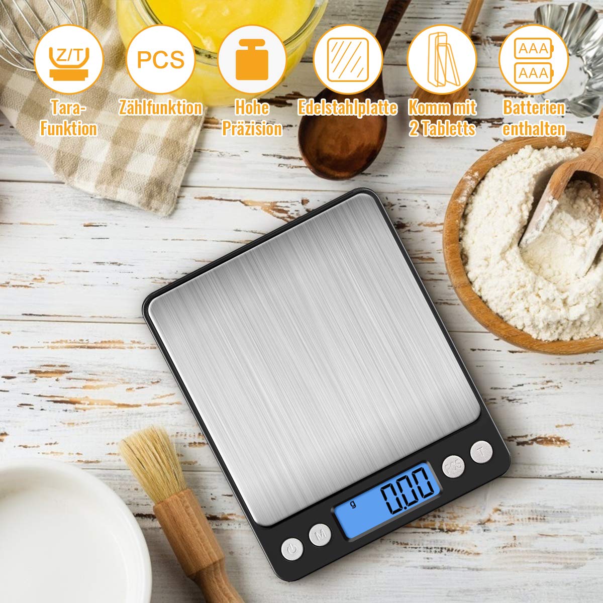 Diyife Präzisionswaage 500 g/0,01 g, Briefwaage, Taschenwaage, hohe Präzision, LCD-Display mit Hintergrundbeleuchtung, Küchenwaage mit Tara-Funktion und PCS, mit 2 Ablagen und Batterien – Schwarz – Bild 2