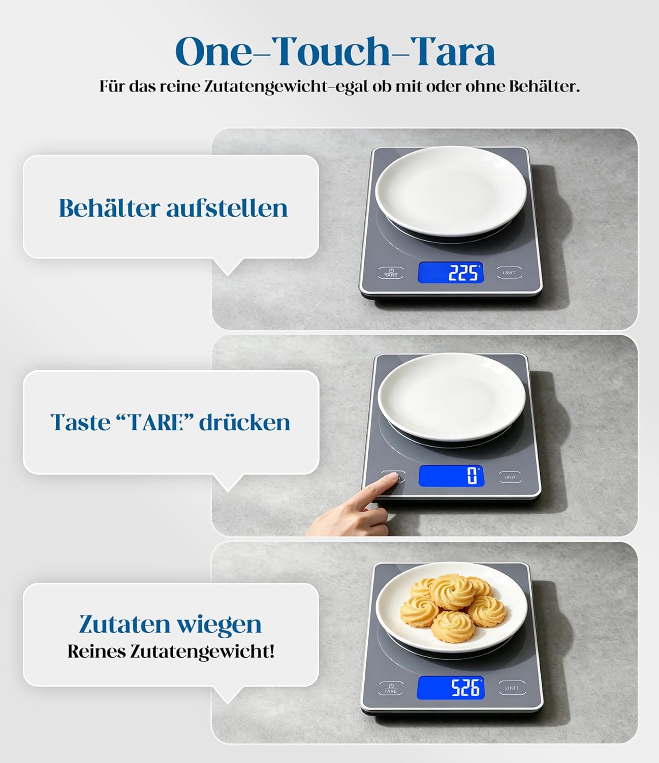 Digitale Küchenwaage mit 15 kg Tragkraft, 5 Einheiten in g/ml/fl'oz, Präzise Küchenwaage mit großem Display, Dual Power (USB-C/Batterie), 1 g hohe Präzision, Tara-Sicherheitsglas zum Backen, Kochen – Bild 6