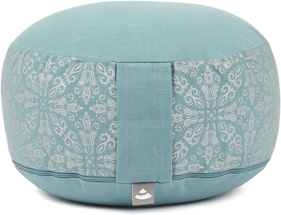 Bodhi Rondo Meditationskissen, abnehmbarer Bezug aus 100 % Baumwolle, Bio-Dinkelfüllung, Höhe 14-20 cm, praktischer Tragegurt, Maharaja-Kollektion (Mineralblau RAJA/Silber Uni)